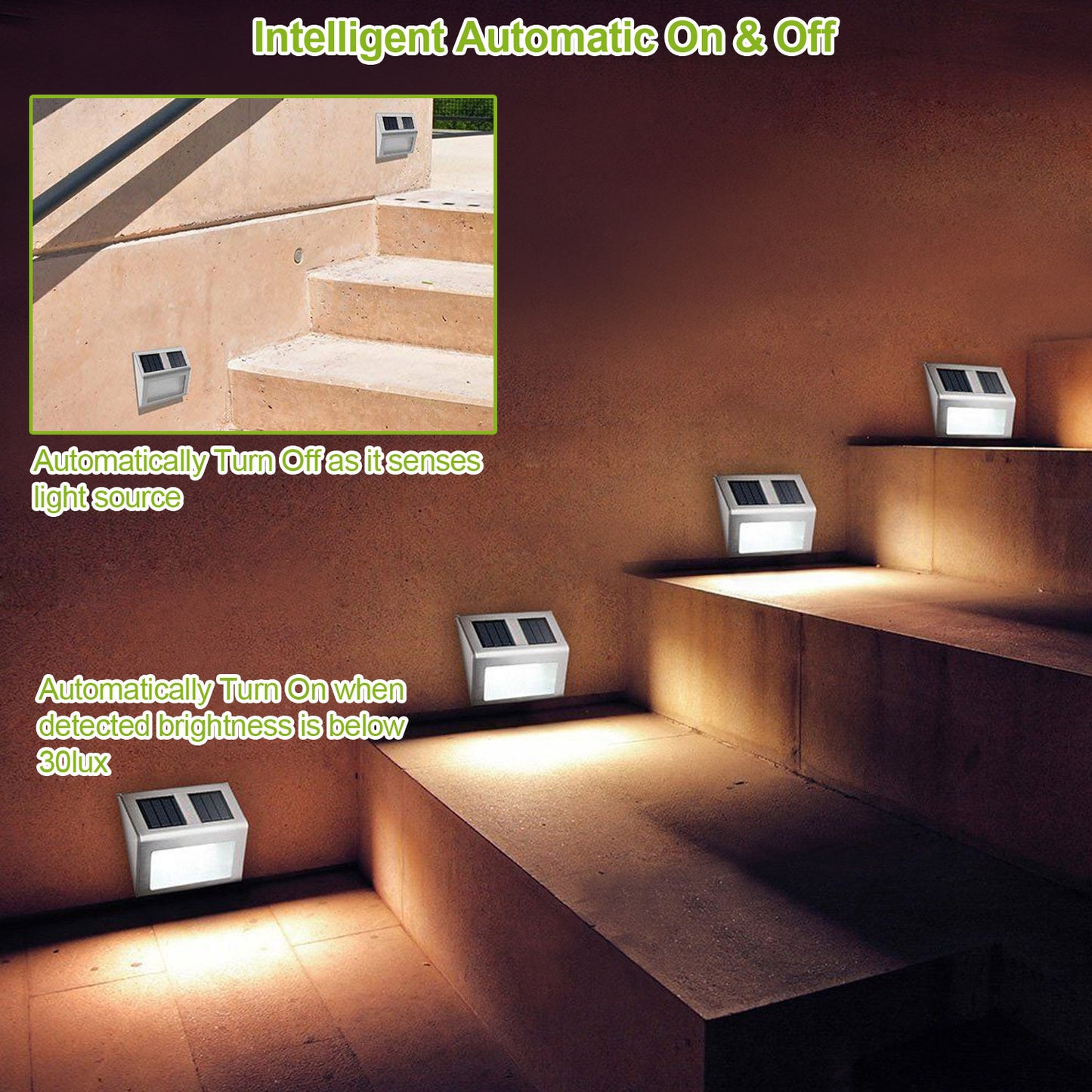 2 Pack Solar Light 2 LEDs Wall Lamp Stair Step Outdoor Waterproof Security Light