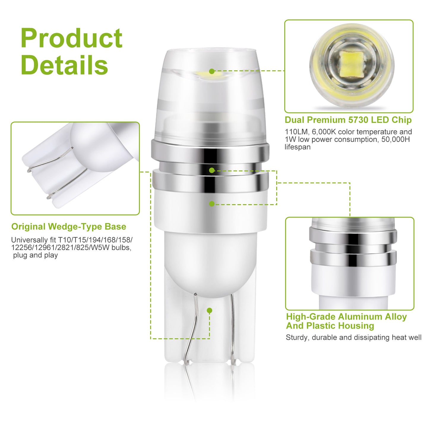 10PCS T10 LED Bulbs 194 LED Lights 12V 1W 5730 Xenon White Wedge Base LED Replacement Bulbs