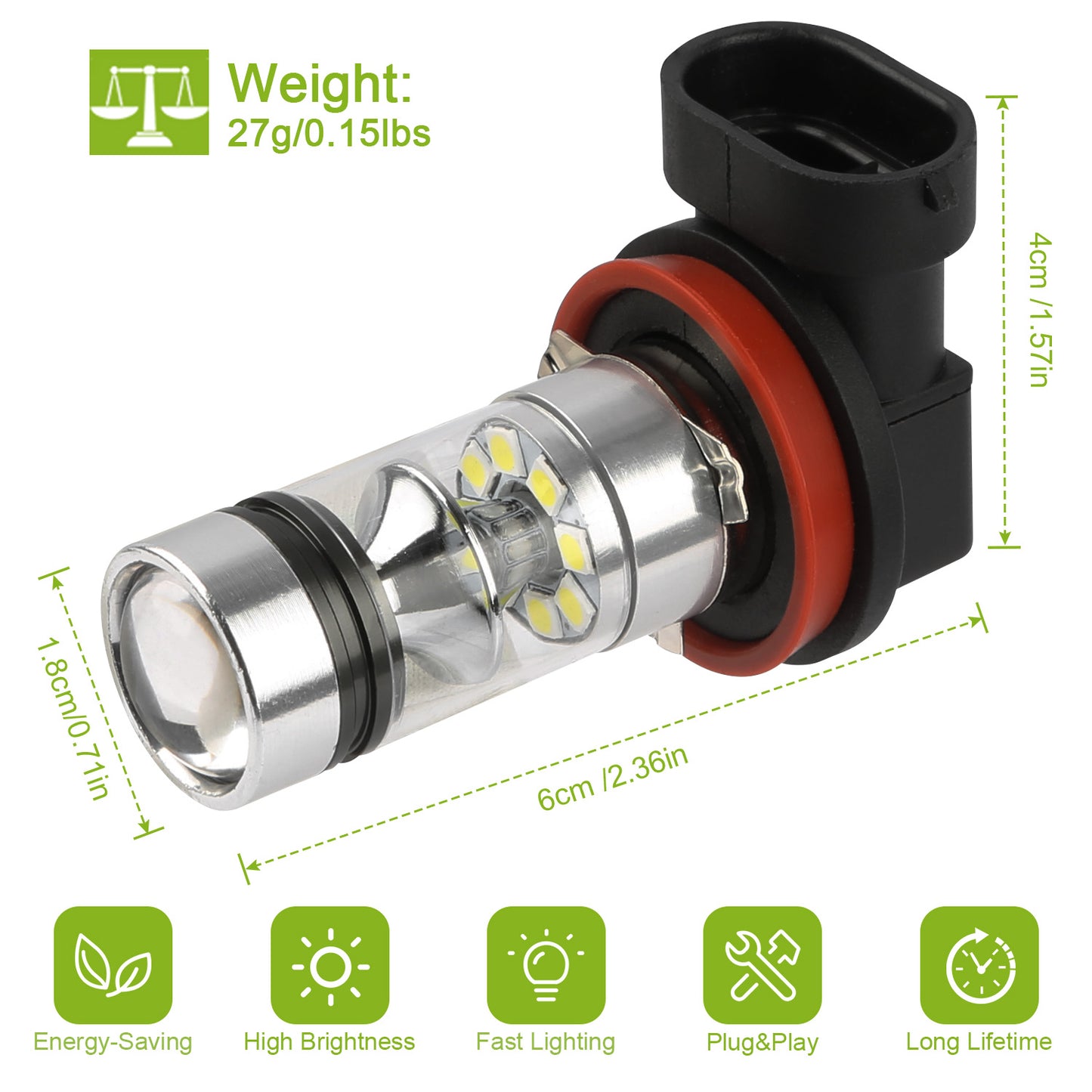 2PCS 1000lm 100W H8/H9/H11 LED Fog DRL Light Bulb IP65 Water-Resistant