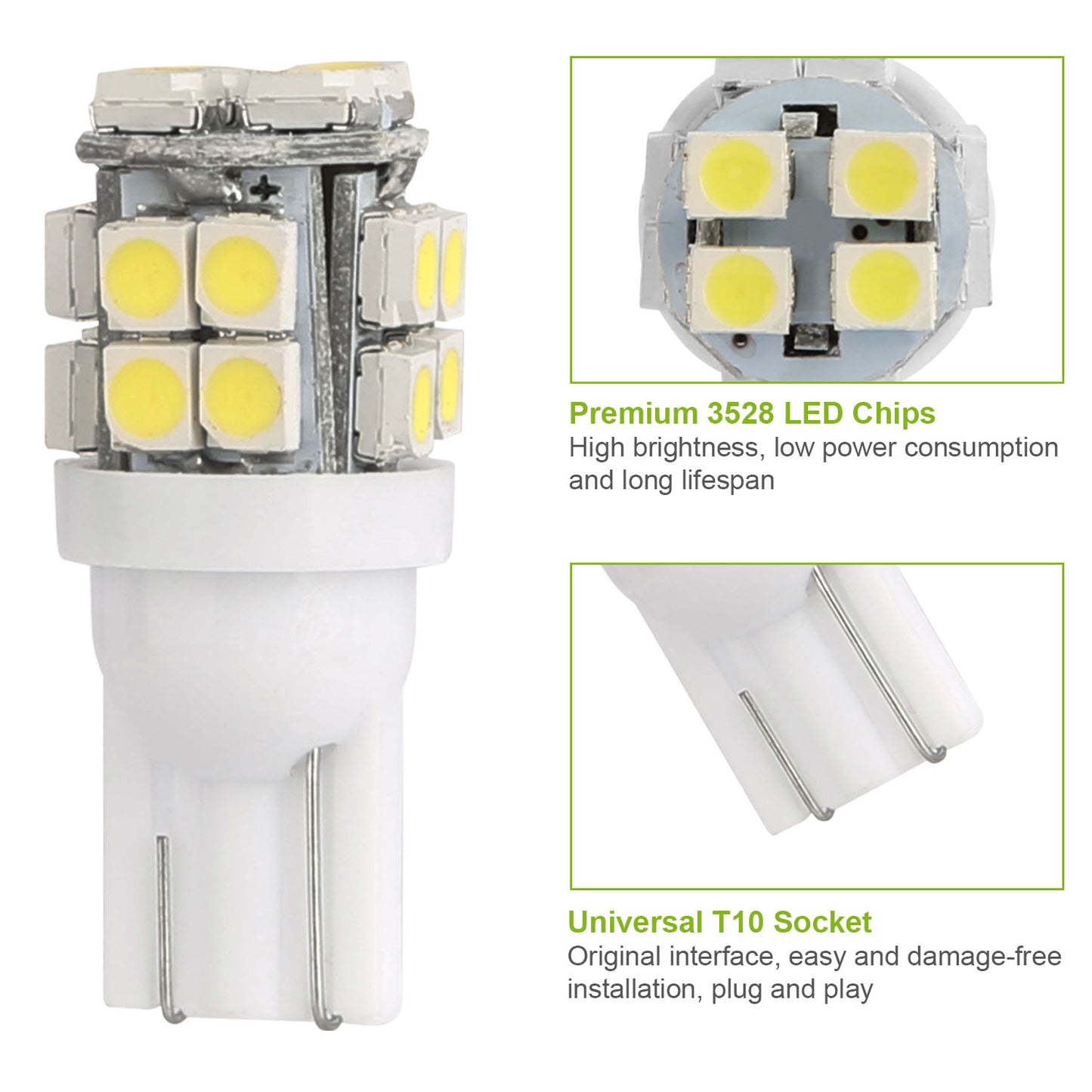 10Pcs 12V T10 LED Light Bulb Wedge Base Interior Dome Map LED Lights