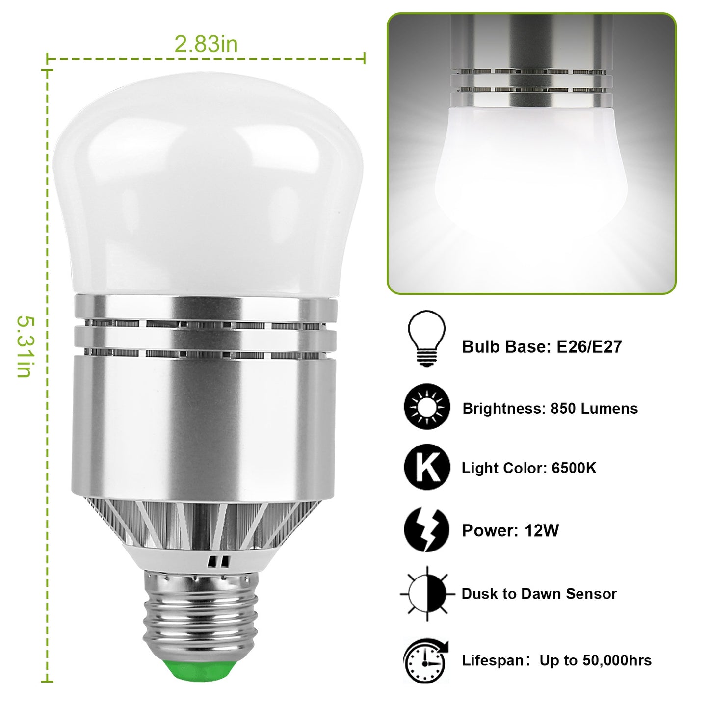 12W Light Sensor Globe Bulbs Dusk To Dawn E26 E27 Socket Security Lamps