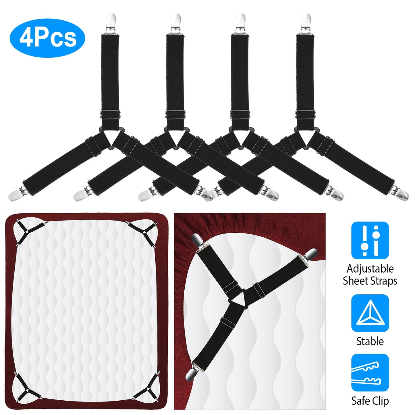 4Pcs Bed Sheet Fastener Holder Triangle Mattress Suspender Straps