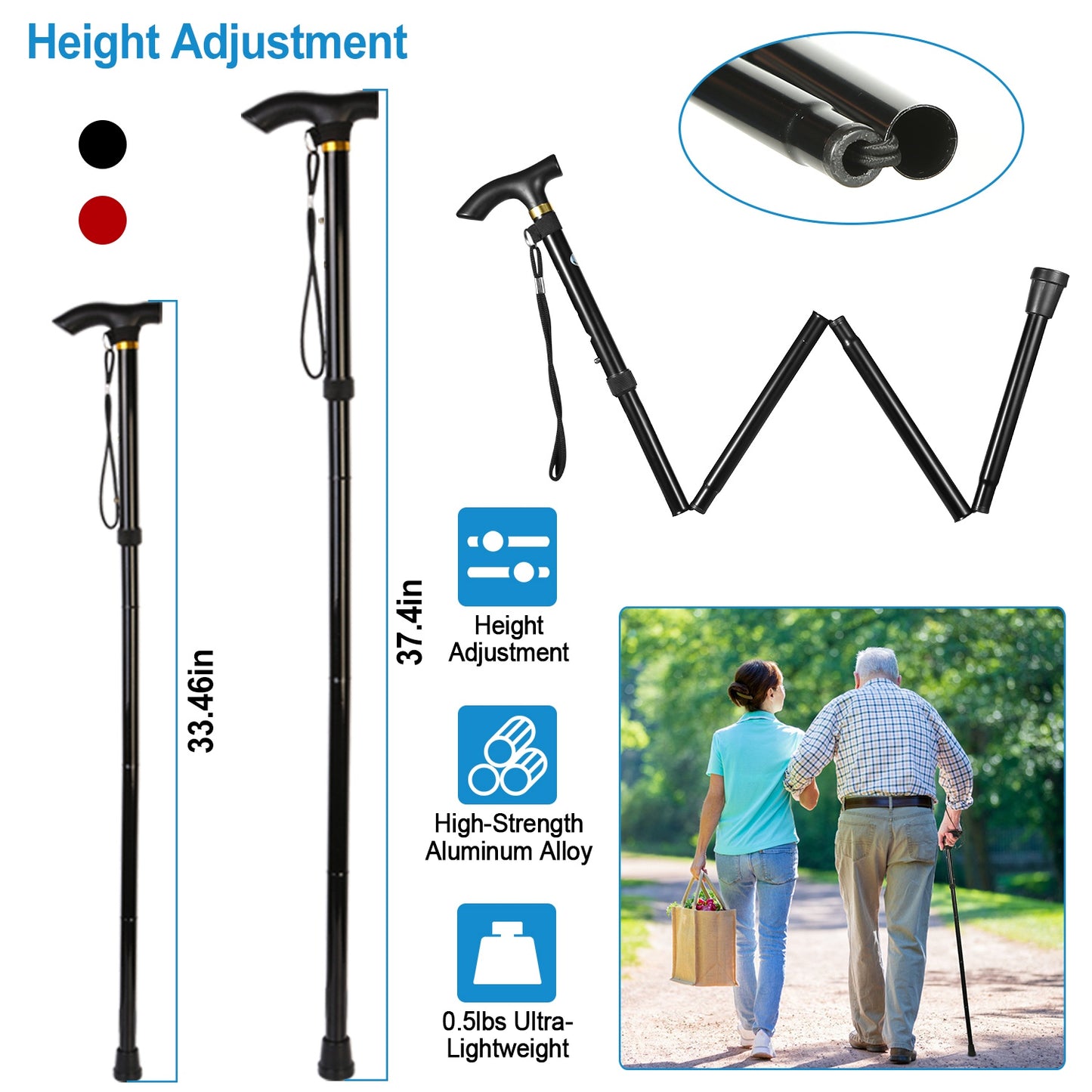 Walking Cane Aluminum Alloy Walking Stick Adjustable Folding Travel