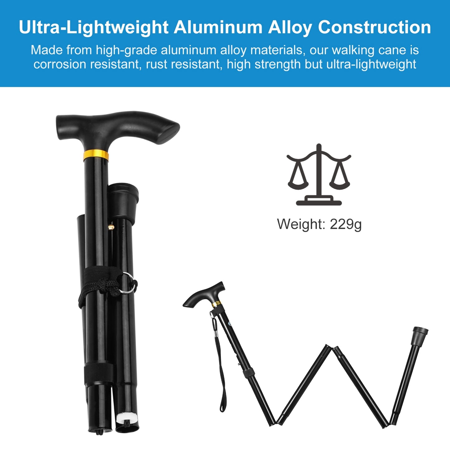 Walking Cane Aluminum Alloy Walking Stick Adjustable Folding Travel