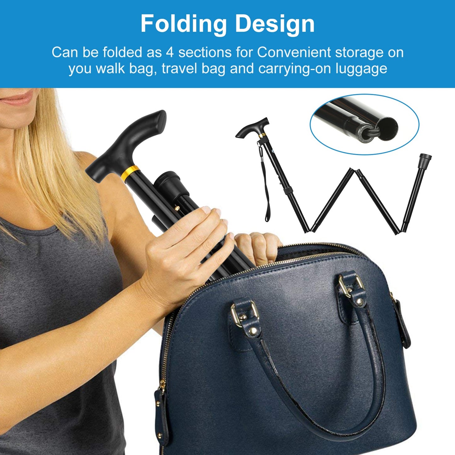 Walking Cane Aluminum Alloy Walking Stick Adjustable Folding Travel