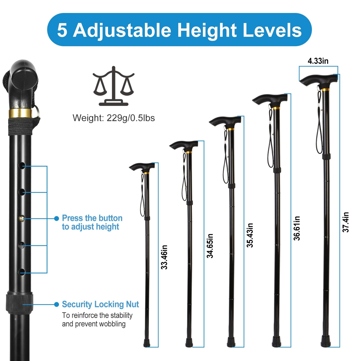 Walking Cane Aluminum Alloy Walking Stick Adjustable Folding Travel