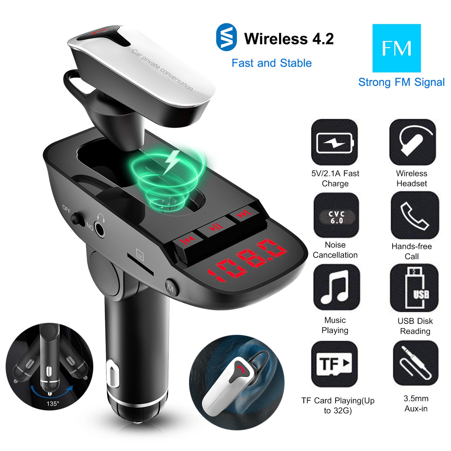 Car FM Transmitter w/ Wireless Earpiece 2 USB Charge Ports Hands-free Call