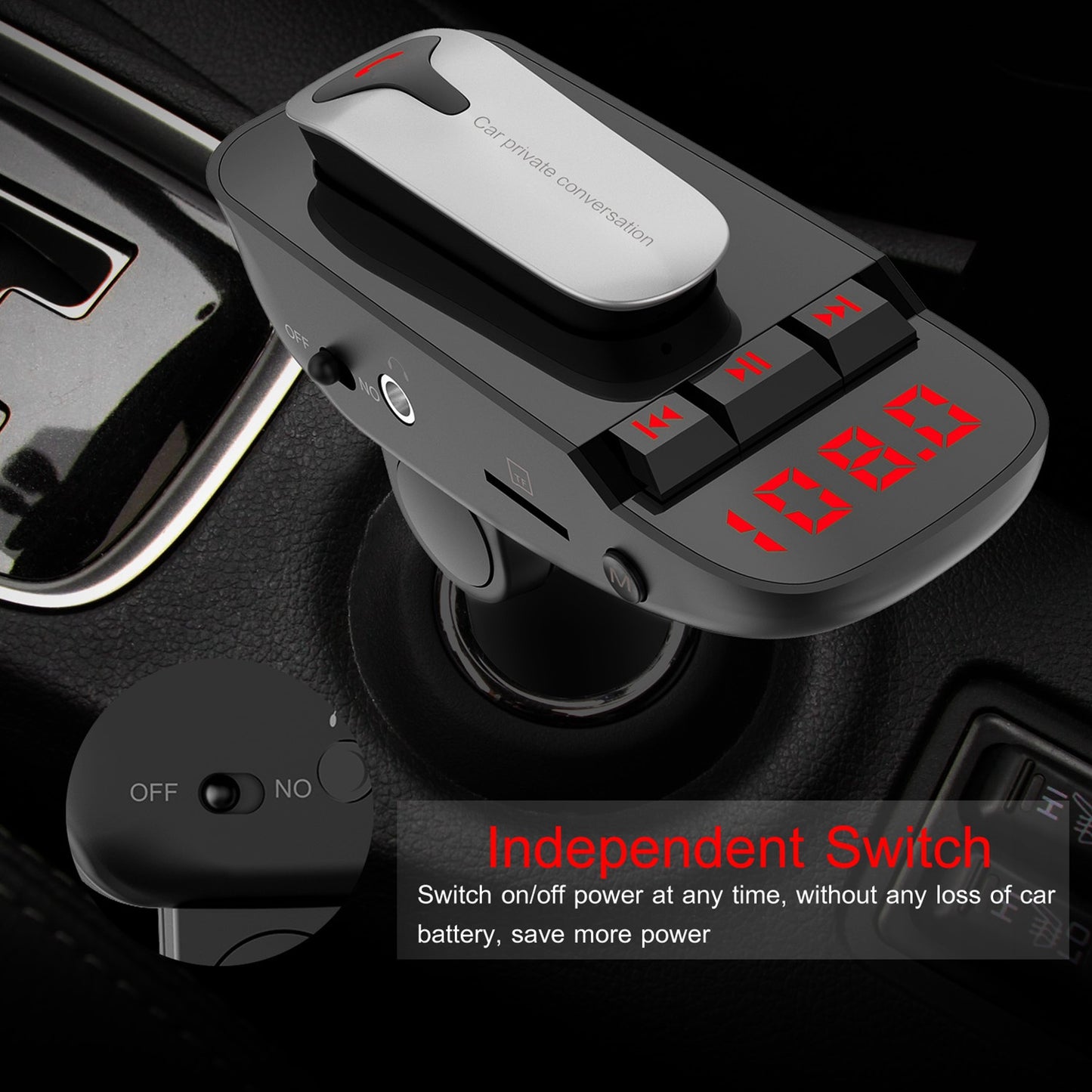 Car FM Transmitter w/ Wireless Earpiece 2 USB Charge Ports Hands-free Call