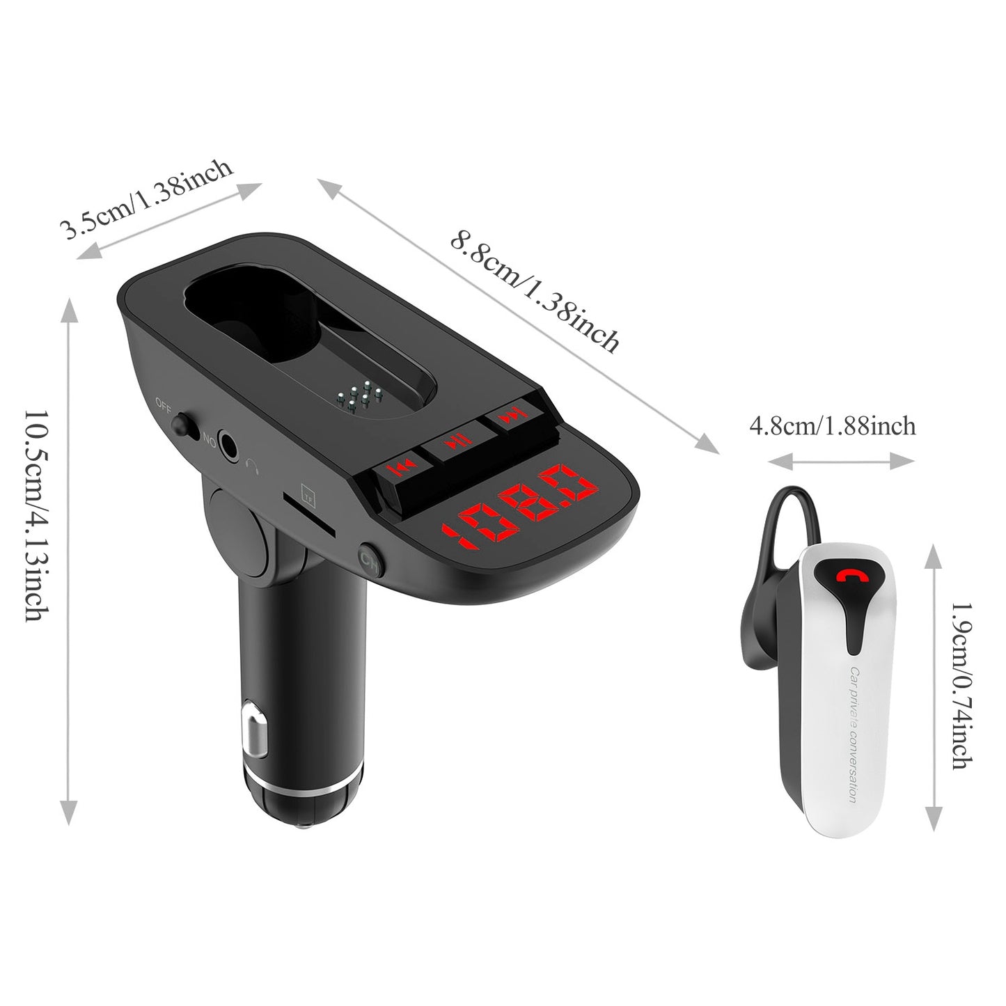Car FM Transmitter w/ Wireless Earpiece 2 USB Charge Ports Hands-free Call