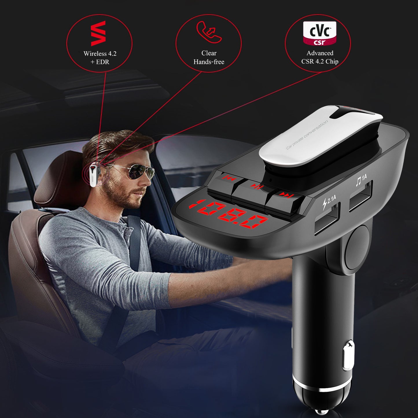 Car FM Transmitter w/ Wireless Earpiece 2 USB Charge Ports Hands-free Call