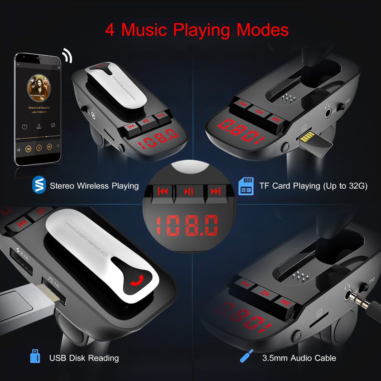 Car FM Transmitter w/ Wireless Earpiece 2 USB Charge Ports Hands-free Call