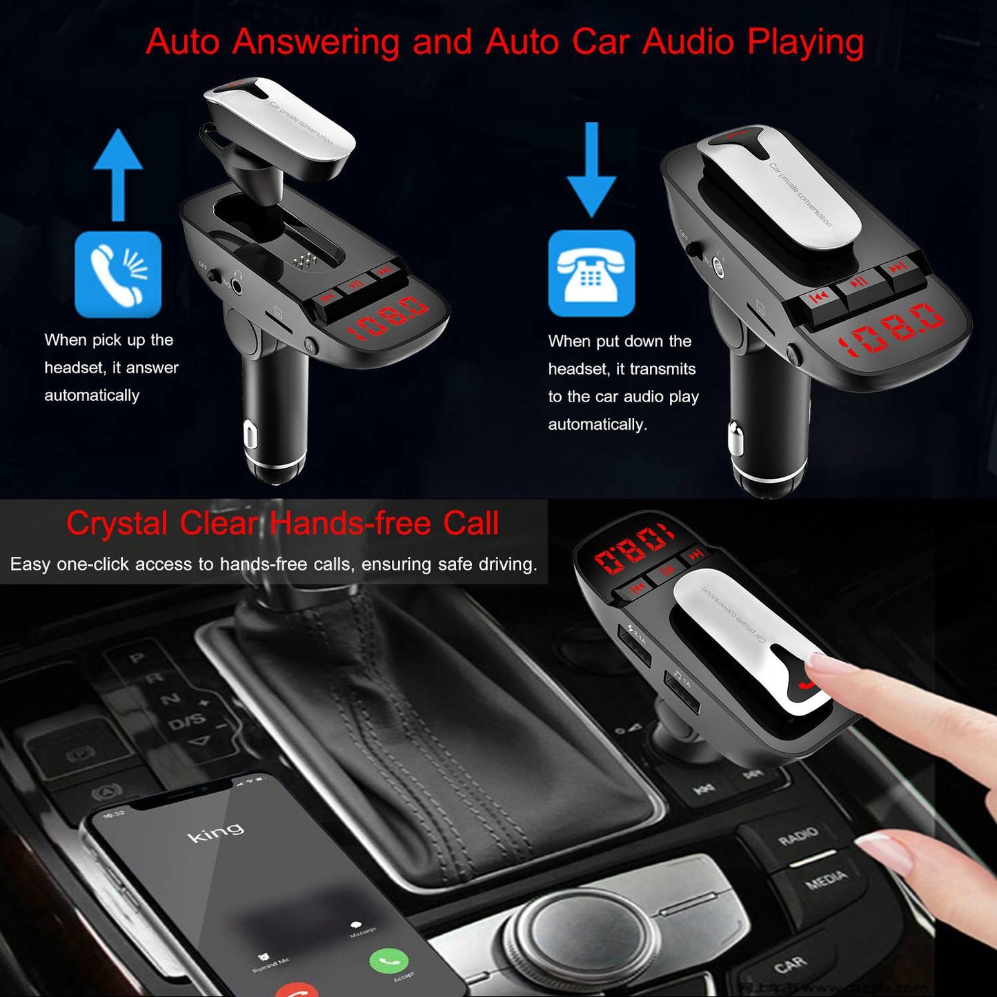 Car FM Transmitter w/ Wireless Earpiece 2 USB Charge Ports Hands-free Call