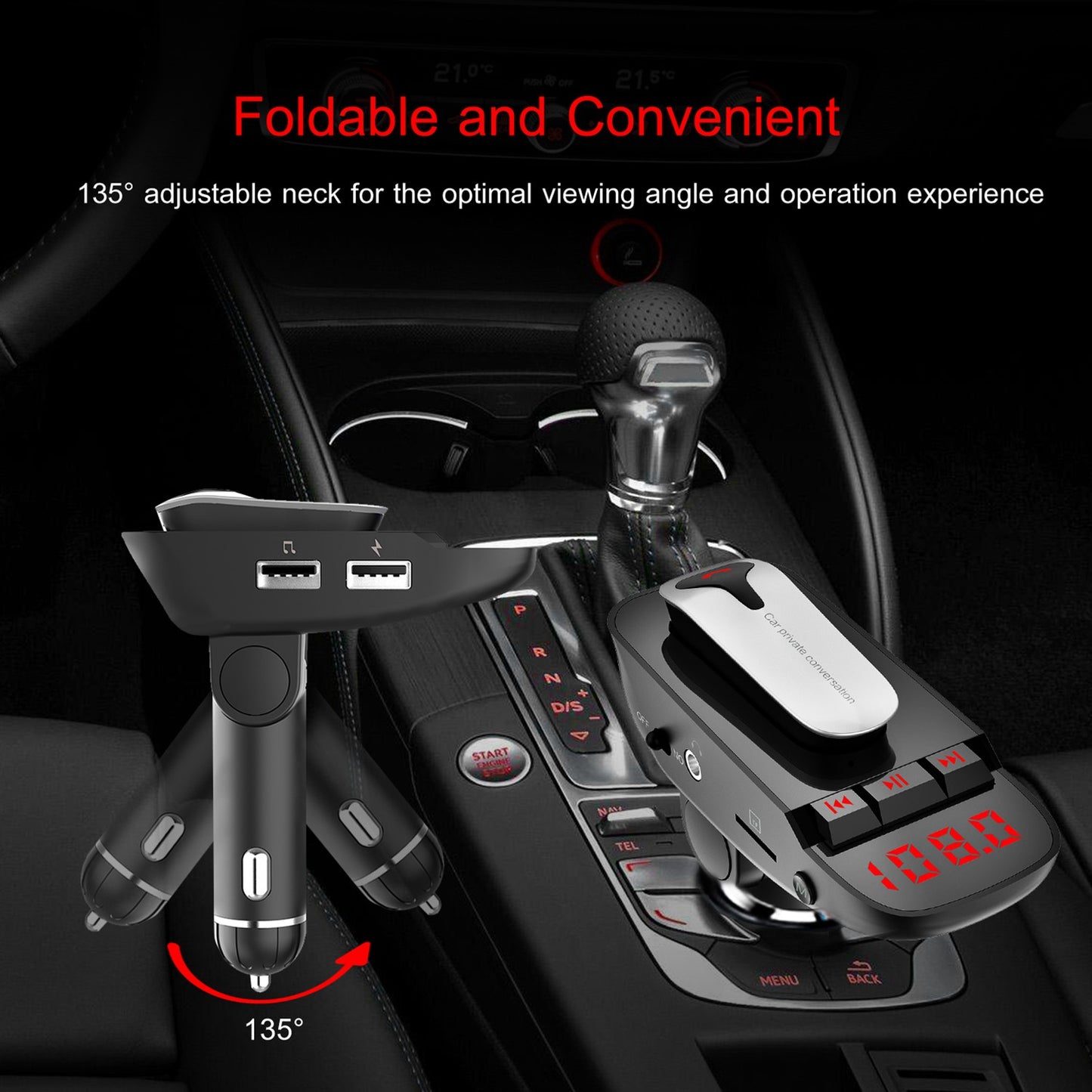 Car FM Transmitter w/ Wireless Earpiece 2 USB Charge Ports Hands-free Call
