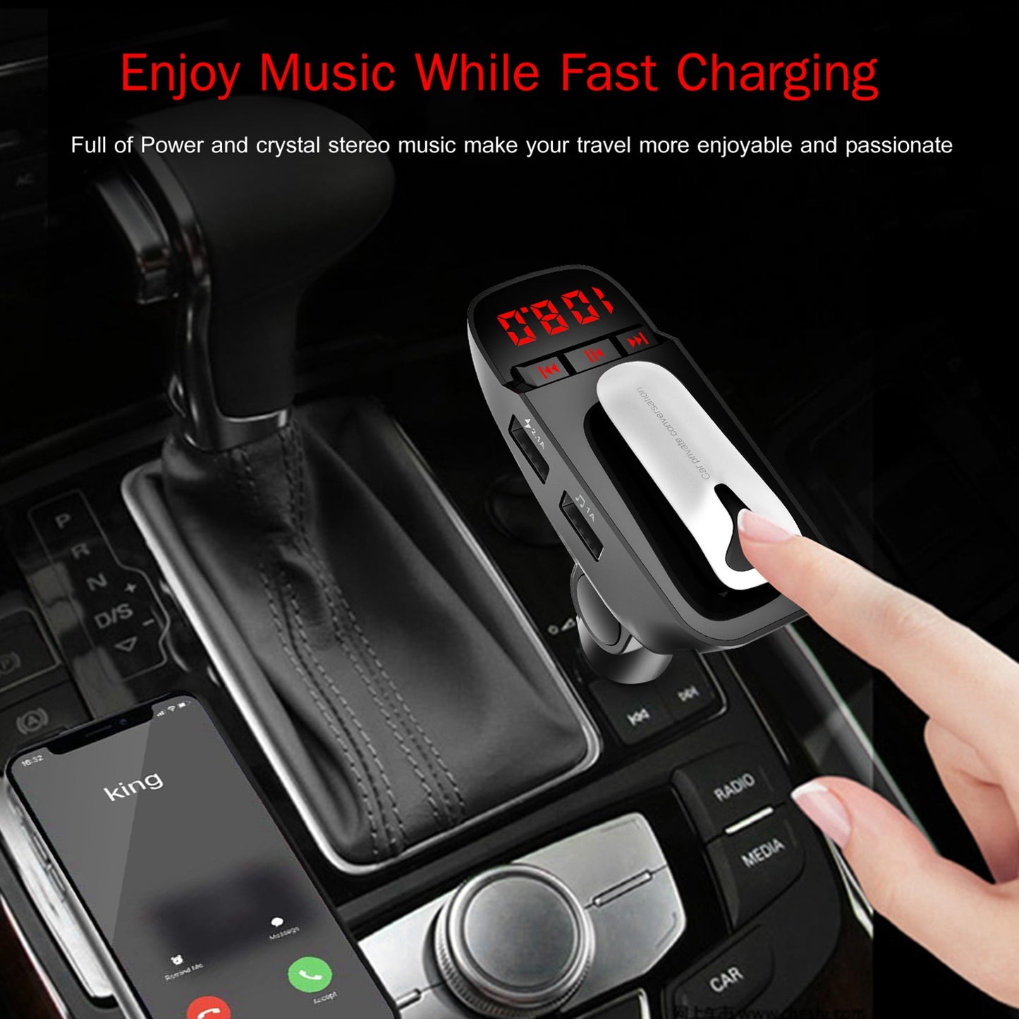 Car FM Transmitter w/ Wireless Earpiece 2 USB Charge Ports Hands-free Call