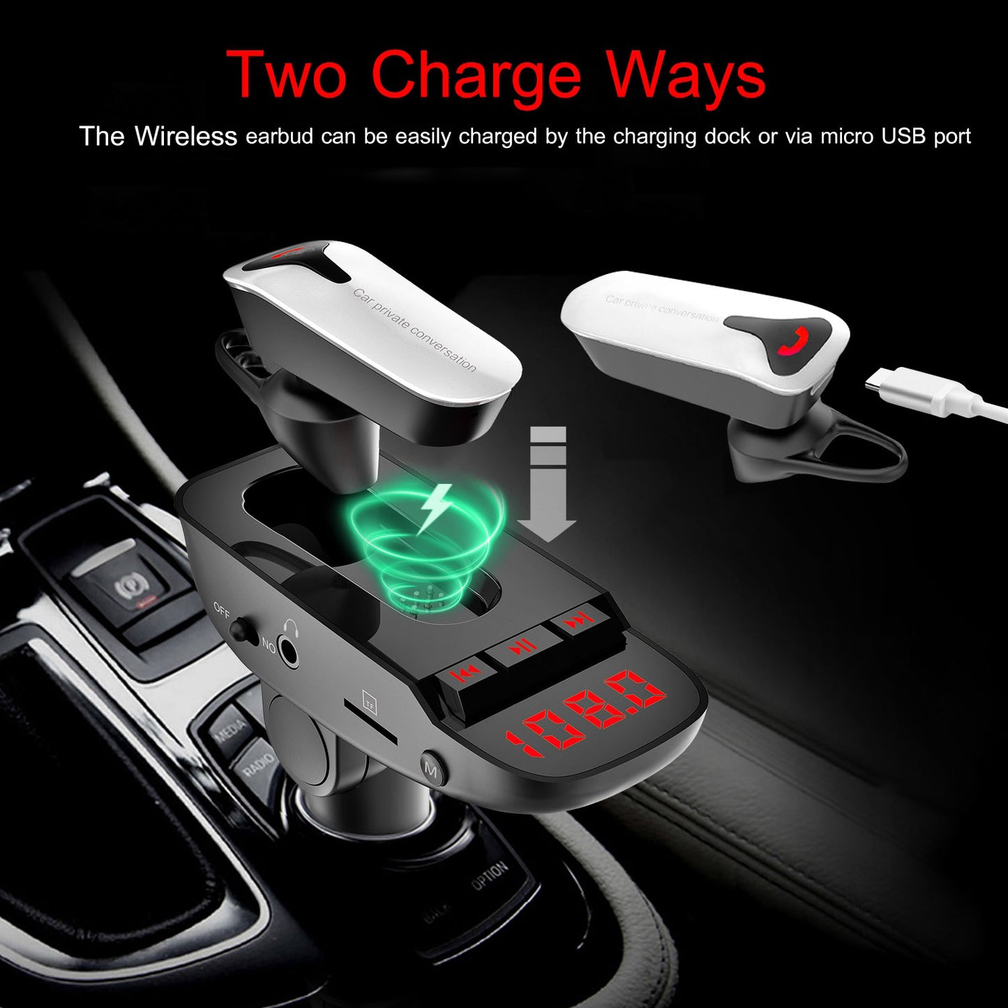 Car FM Transmitter w/ Wireless Earpiece 2 USB Charge Ports Hands-free Call