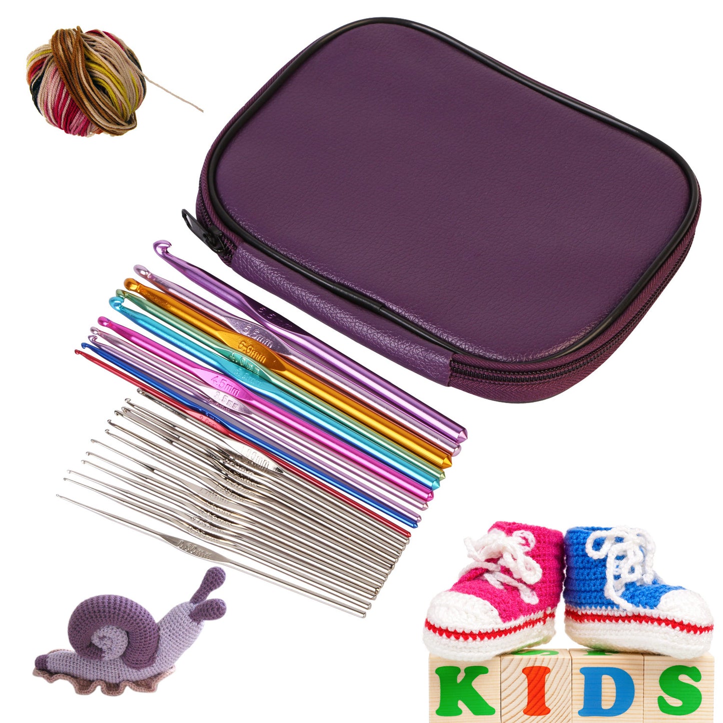 22Pcs Multi-Color Crochet Hook Needles Aluminum Handle Sewing Kit