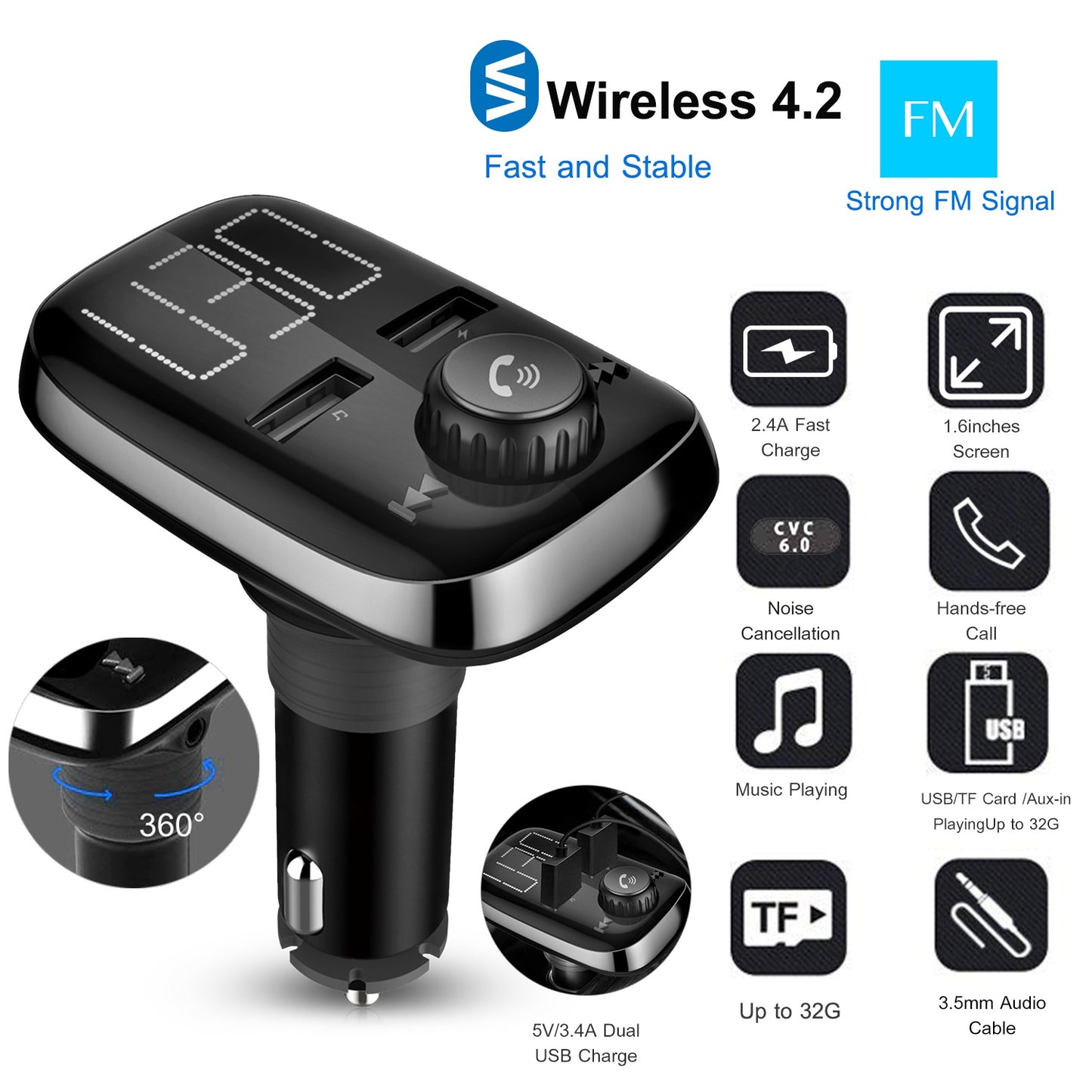 Car Wireless FM Transmitter Dual USB Charger Hand-Free Call MP3 Player