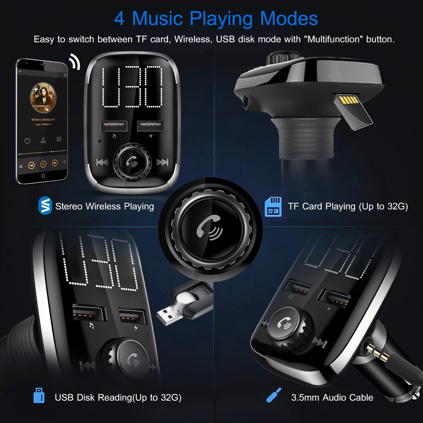 Car Wireless FM Transmitter Dual USB Charger Hand-Free Call MP3 Player