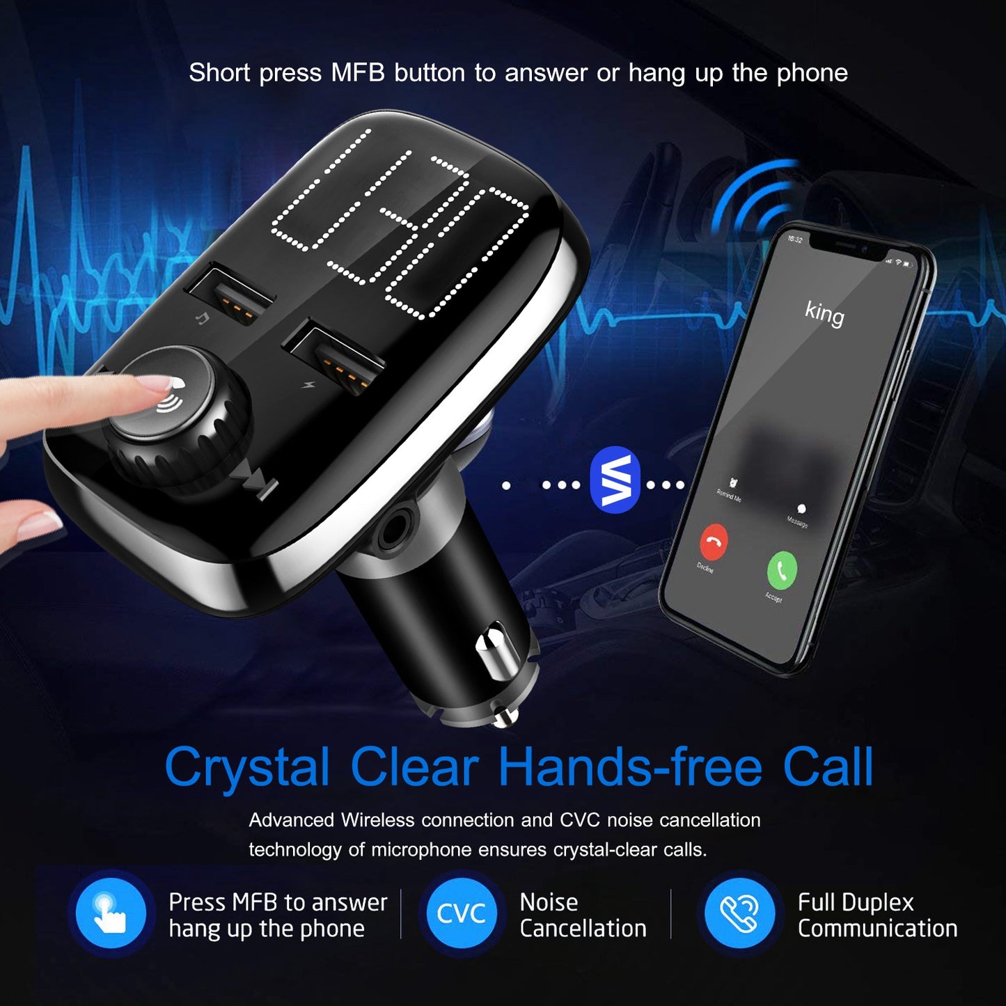Car Wireless FM Transmitter Dual USB Charger Hand-Free Call MP3 Player