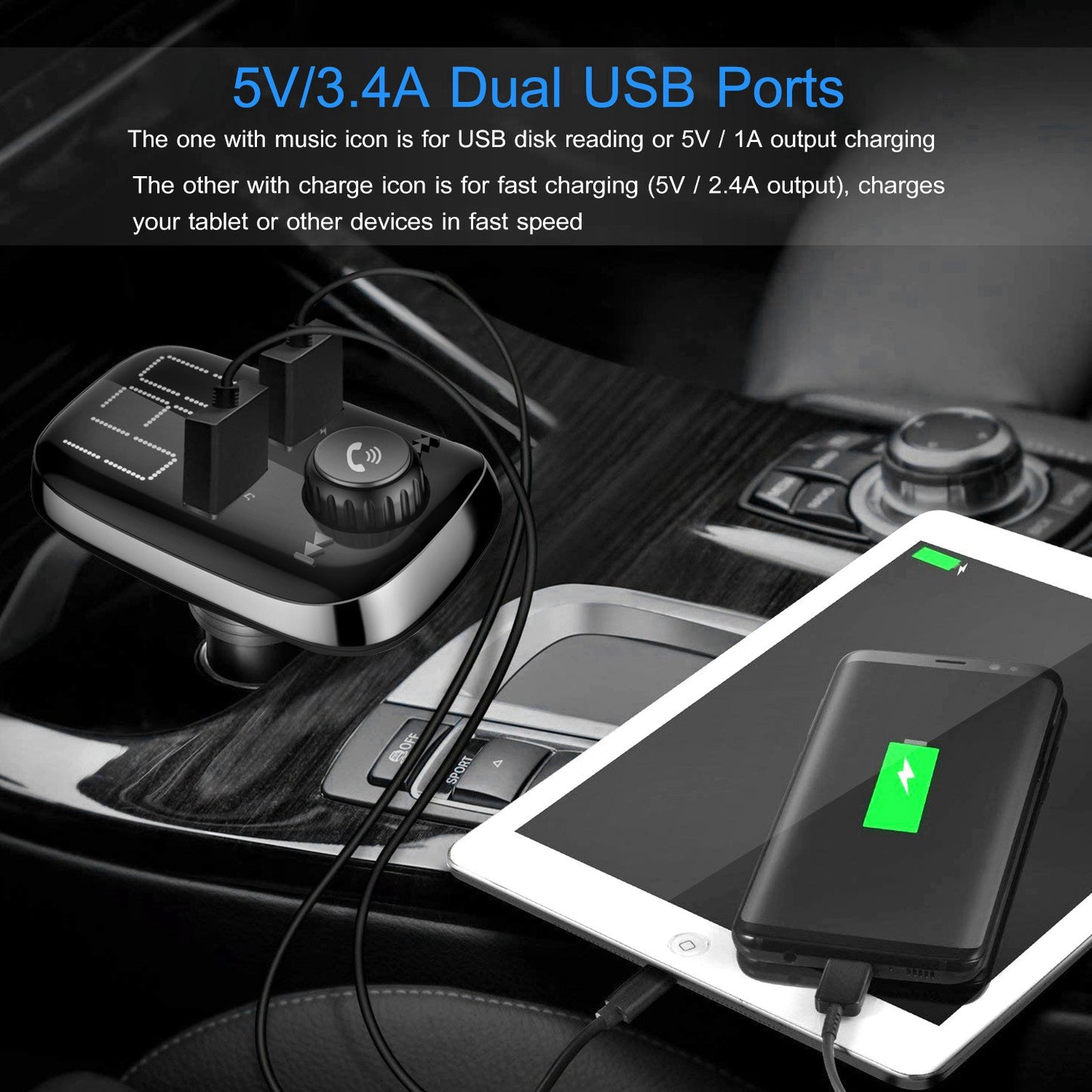 Car Wireless FM Transmitter Dual USB Charger Hand-Free Call MP3 Player
