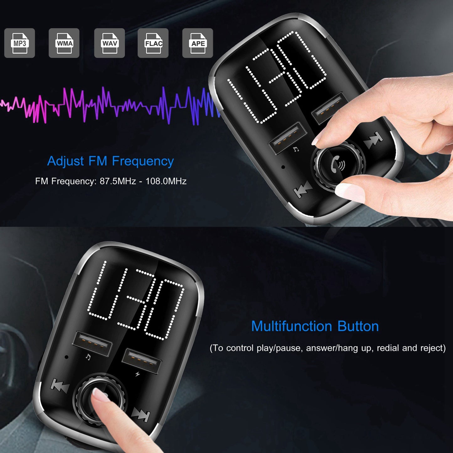 Car Wireless FM Transmitter Dual USB Charger Hand-Free Call MP3 Player