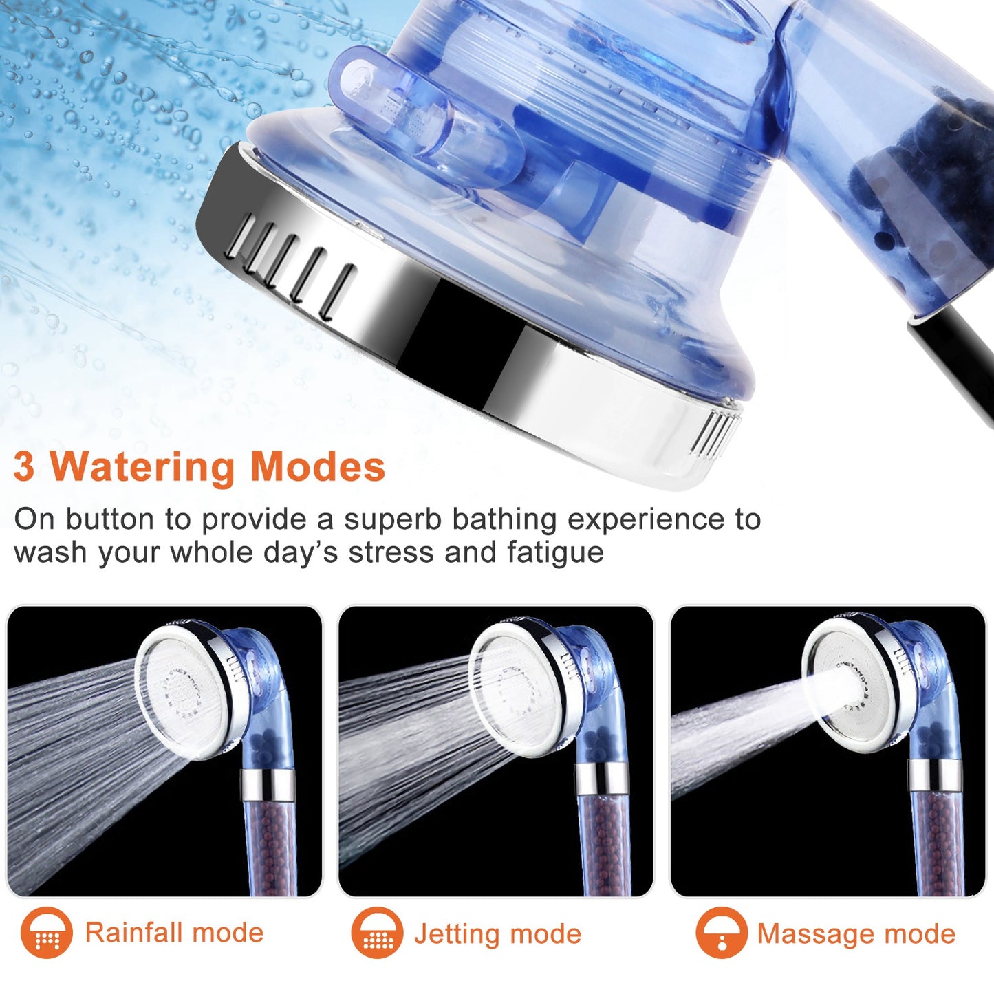 Ionic Filtration Shower Head High Pressure 3 Mode Stone Water Saving