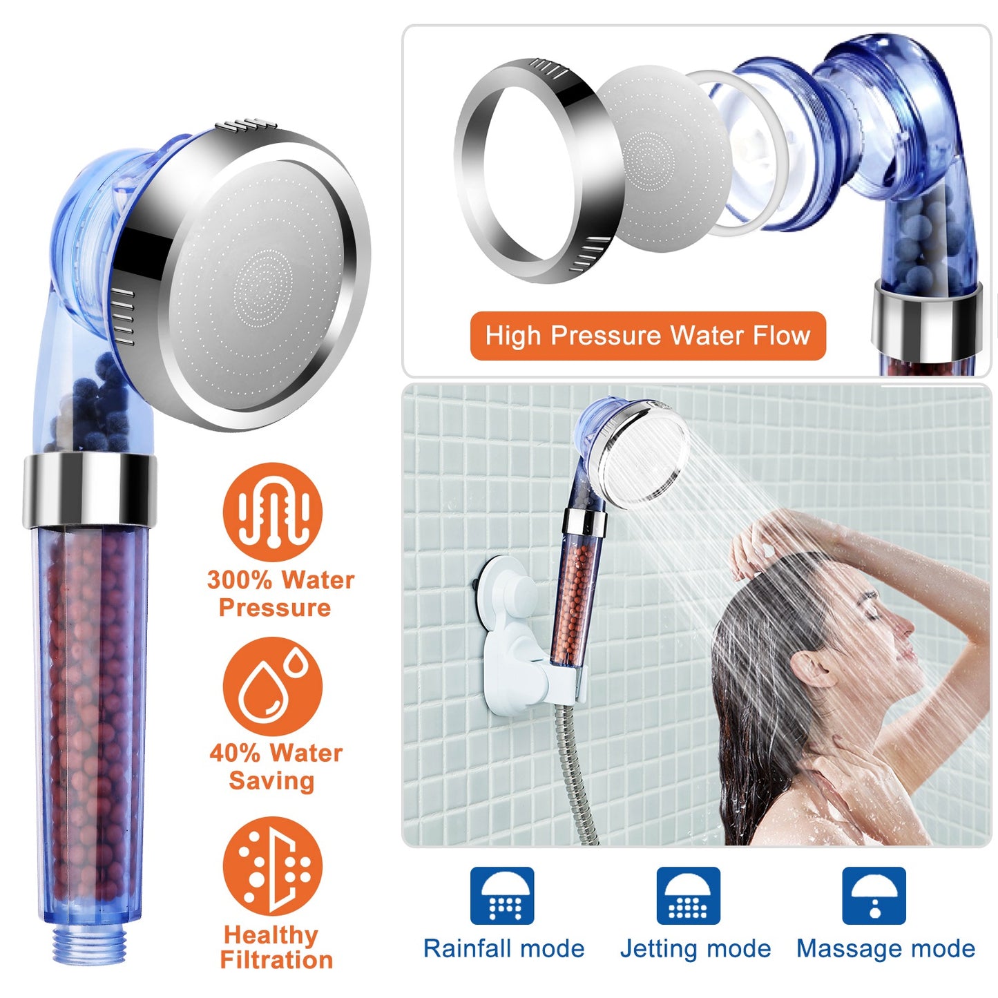 Ionic Filtration Shower Head High Pressure 3 Mode Stone Water Saving