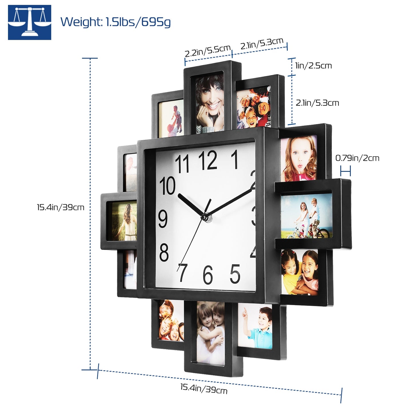 Photo Frame Clock Picture Collage 12-Picture Display Wall Clock Photowall
