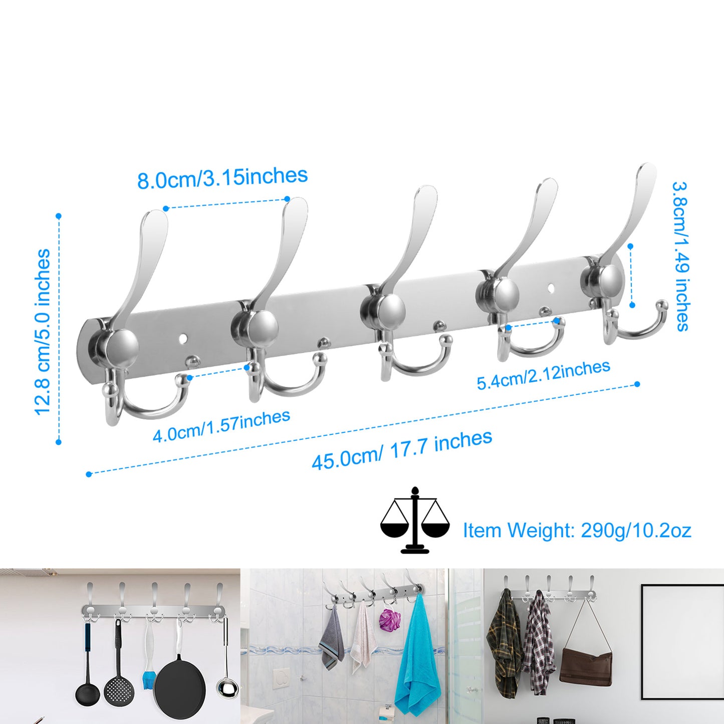 Wall Mount Coat Hook 15 Hooks Stainless Steel Clothes Hangers Rack Robe Hat