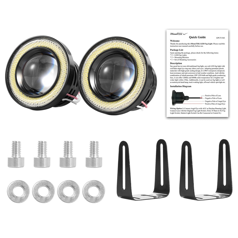 2 Pcs 2.5in Auto COB LED Fog Light 1200LM 6000k White IP65 Waterproof