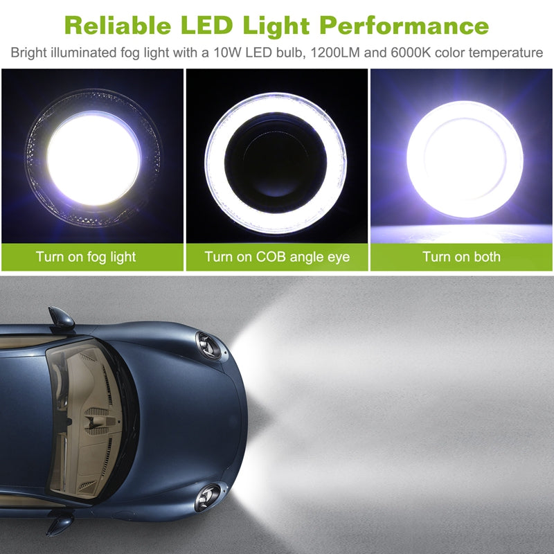 2 Pcs 2.5in Auto COB LED Fog Light 1200LM 6000k White IP65 Waterproof