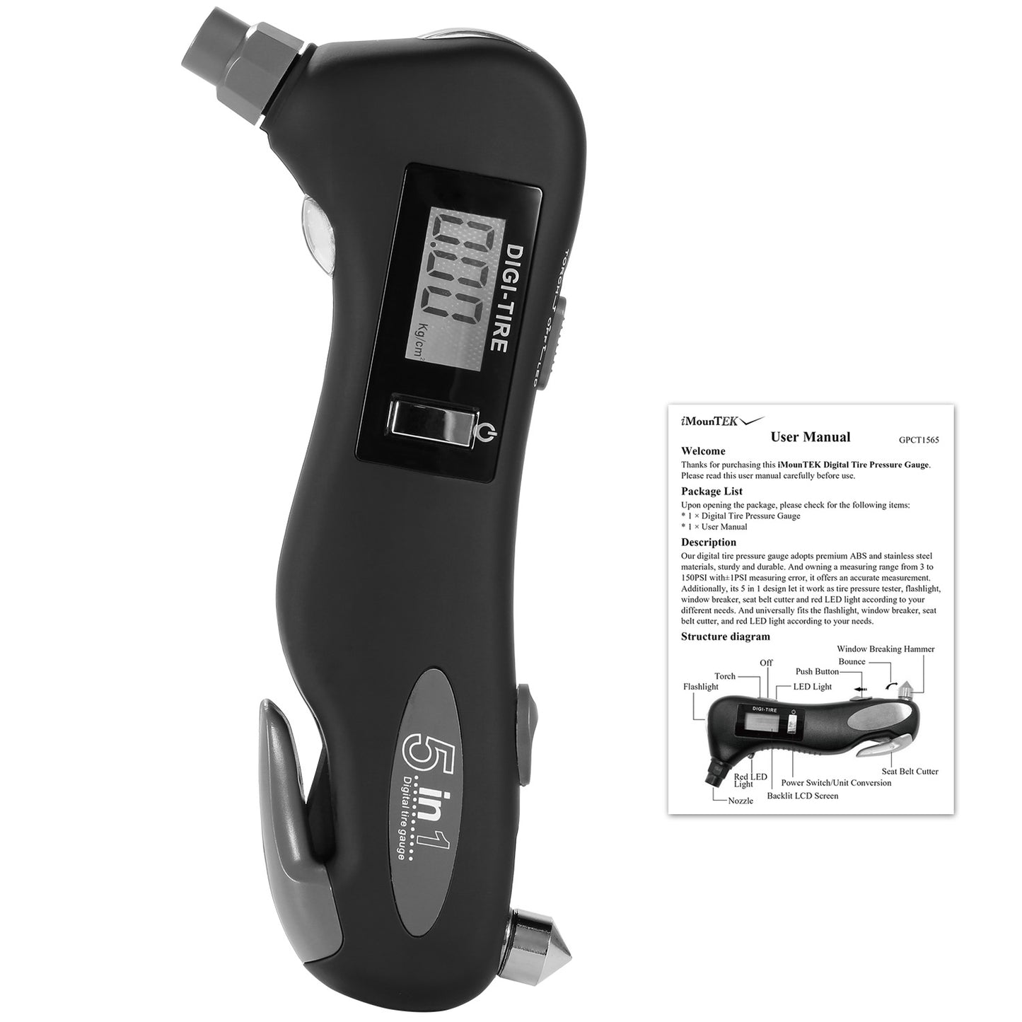 Auto Digital Tire Pressure Gauge 150 PSI 4 Settings LED Flashlight Window Breaker