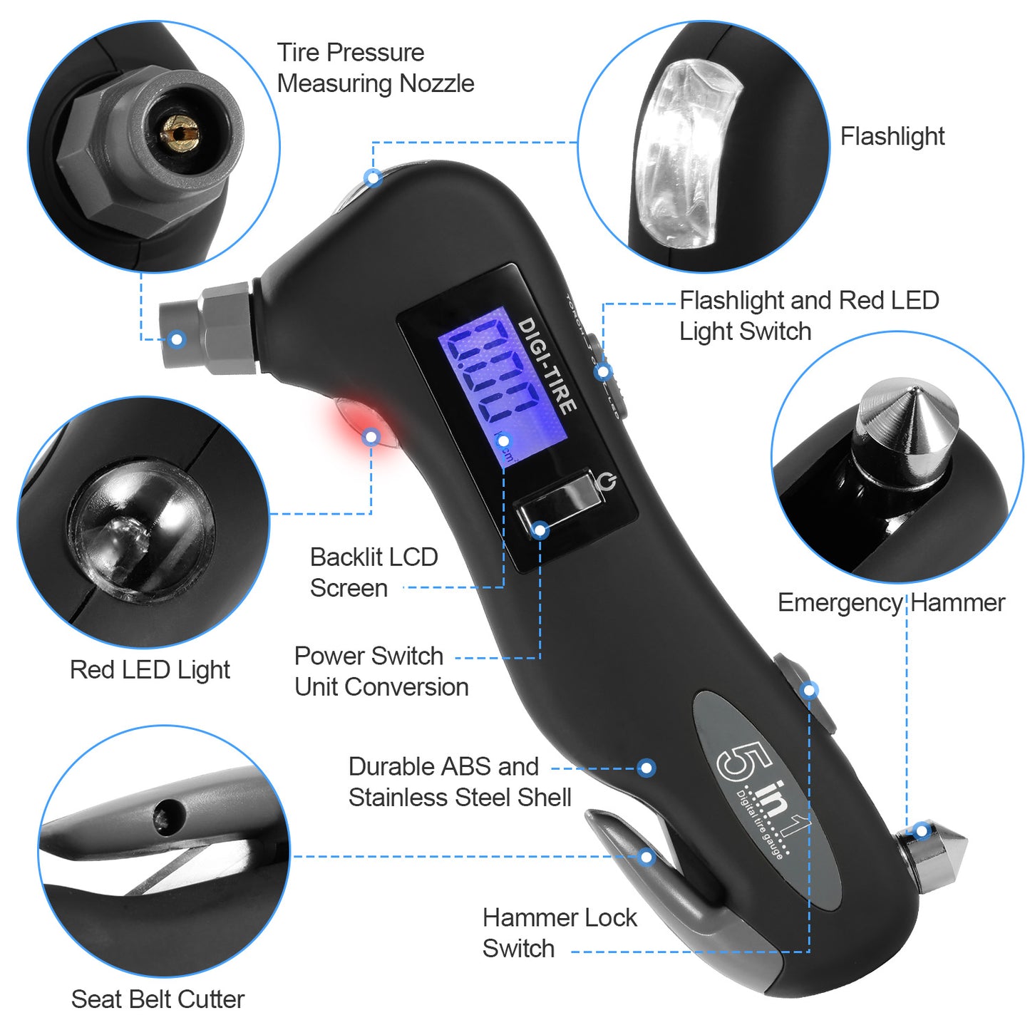 Auto Digital Tire Pressure Gauge 150 PSI 4 Settings LED Flashlight Window Breaker