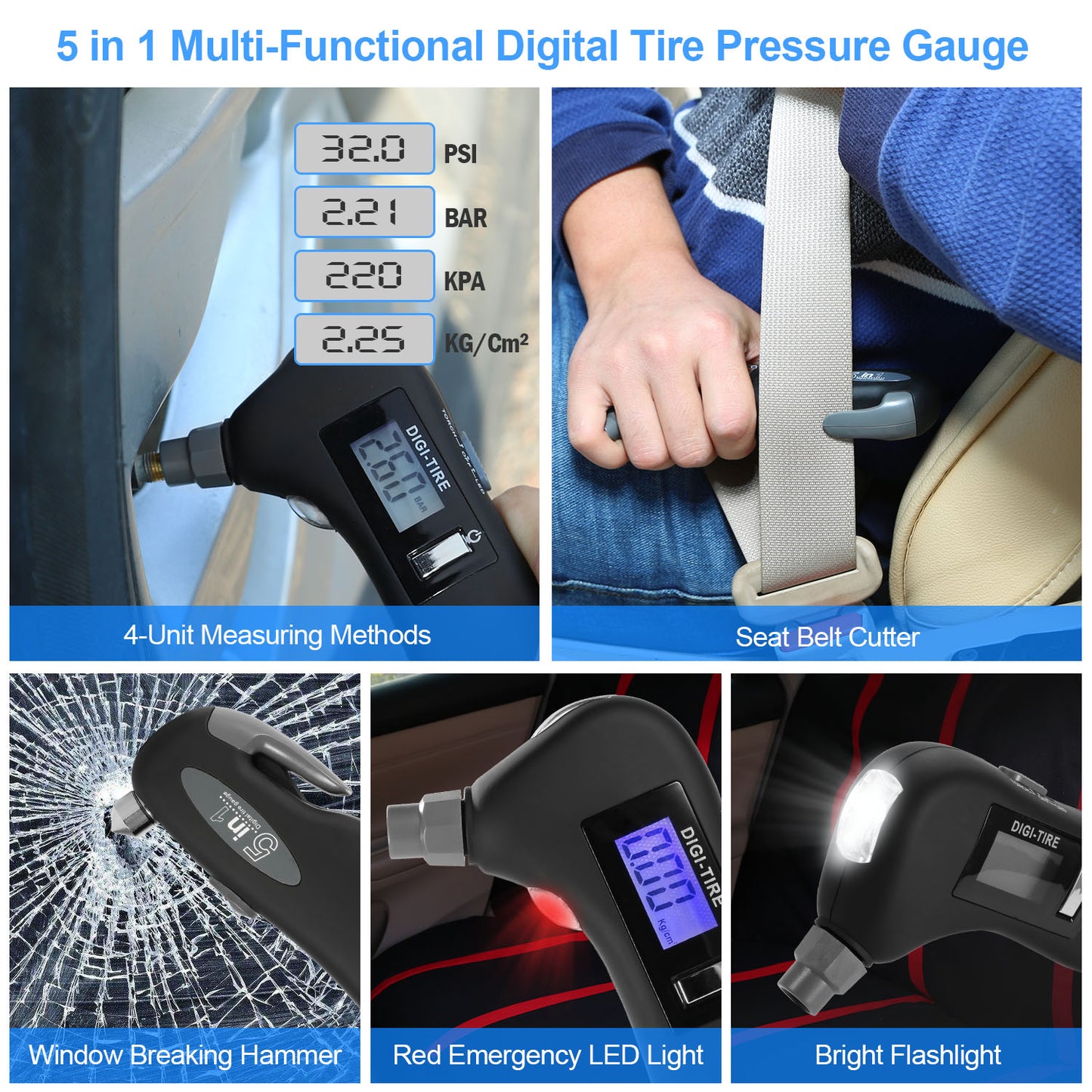 Auto Digital Tire Pressure Gauge 150 PSI 4 Settings LED Flashlight Window Breaker