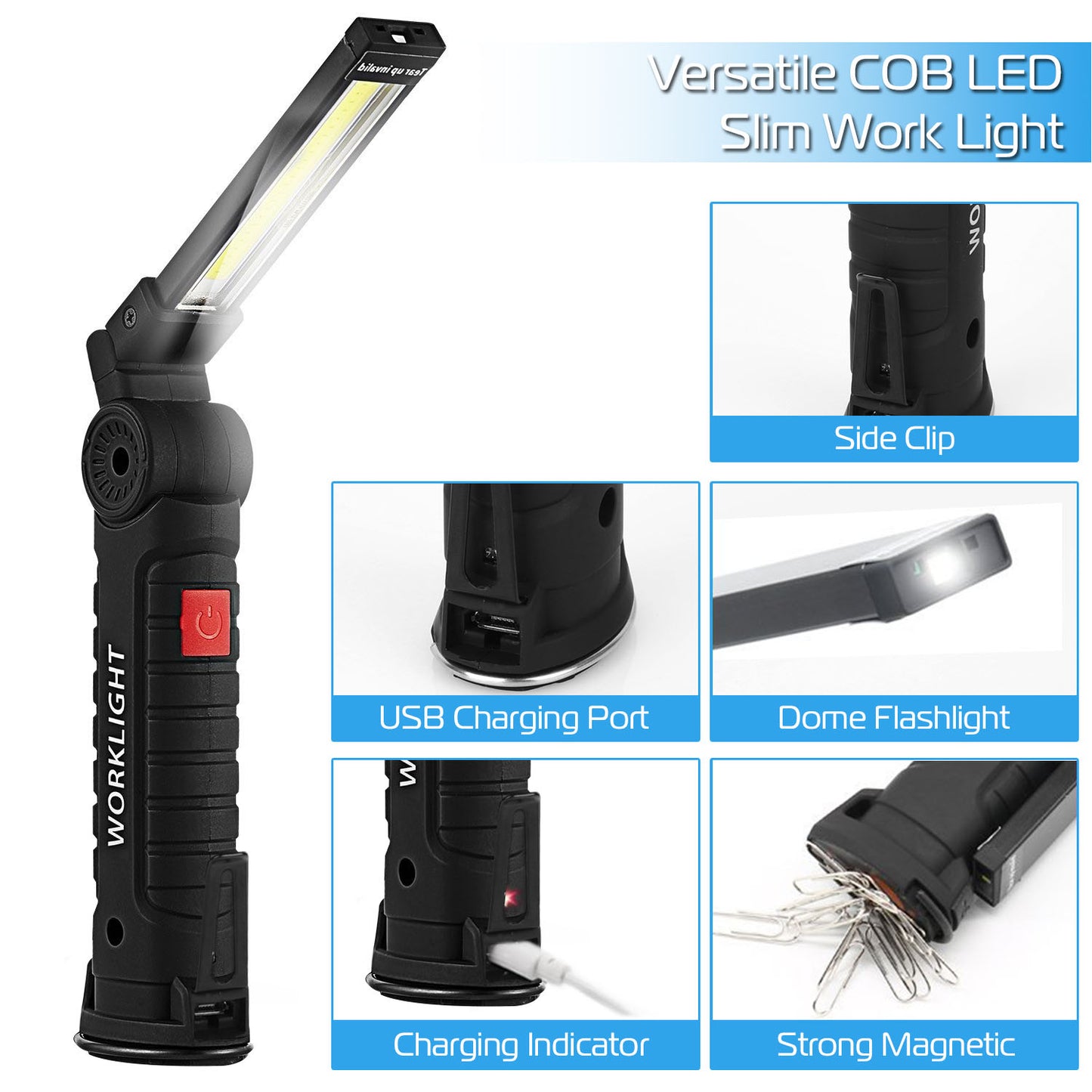 Rechargeable COB LED Slim Work Lights Folding Magnetic Flashlight