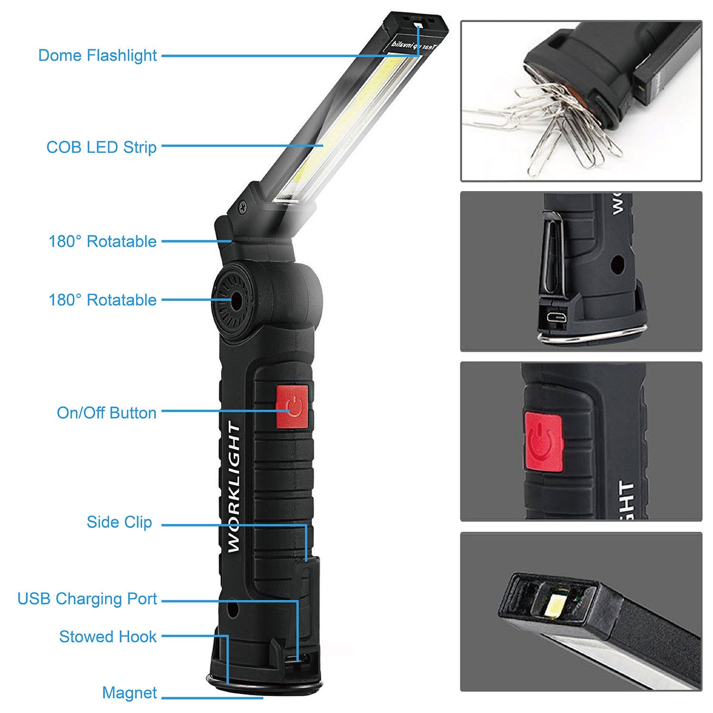 Rechargeable COB LED Slim Work Lights Folding Magnetic Flashlight