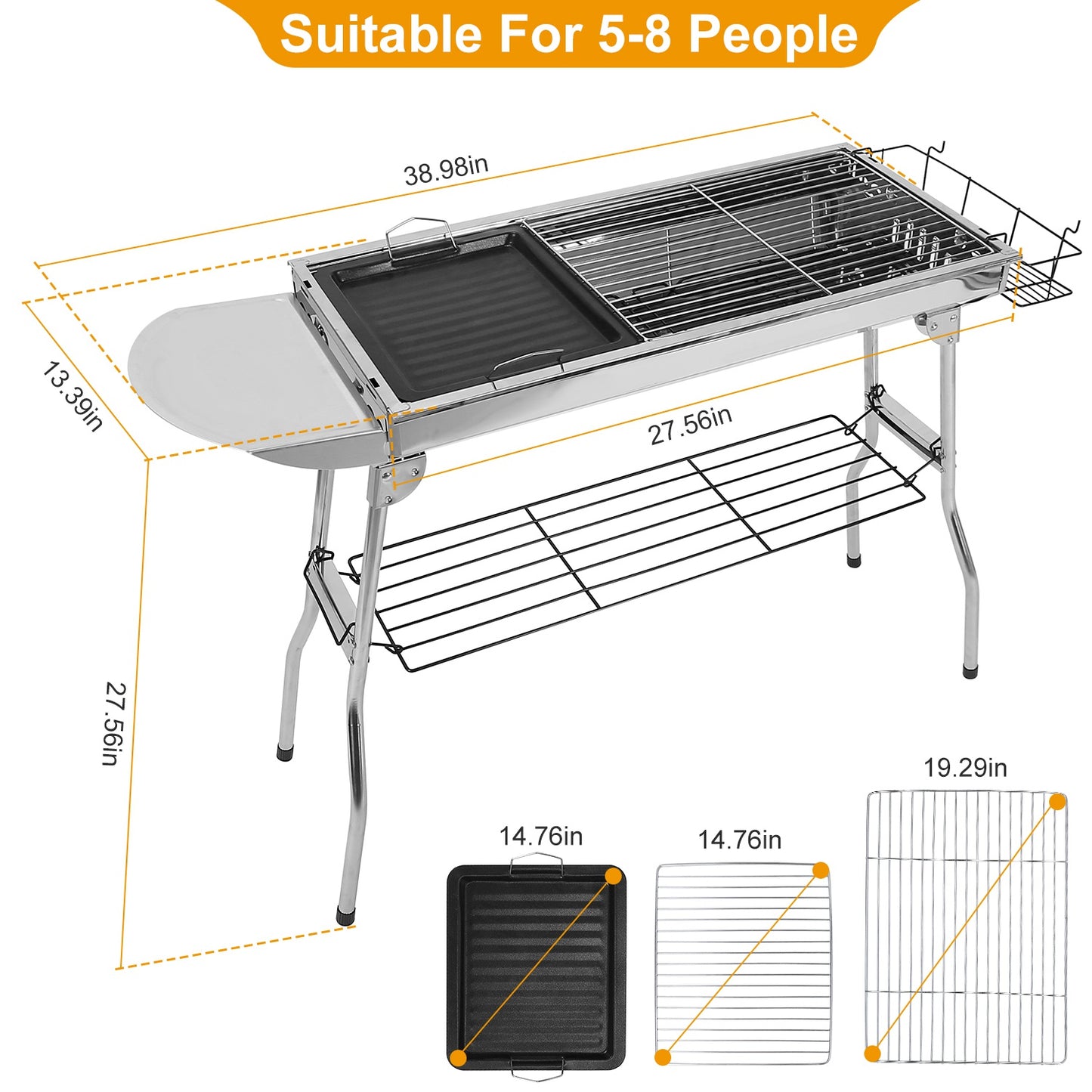 Foldable BBQ Grill Portable Charcoal Barbeque Grill Stainless Steel BBQ Grill For Picnic Camping Backyard Cooking