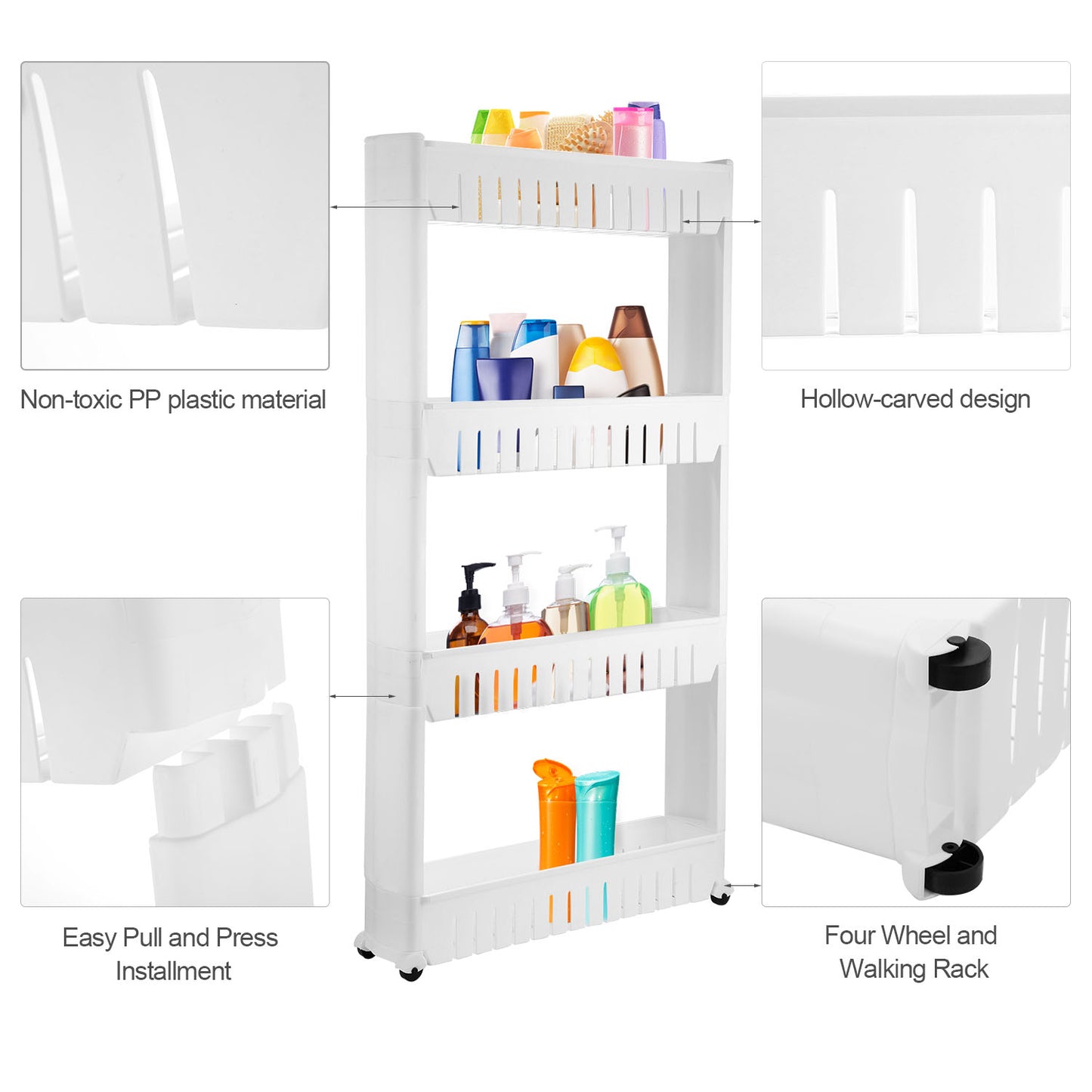 4 Tiers Slim Storage Cart Mobile Rolling Shelf Unit Narrow Space Shelf