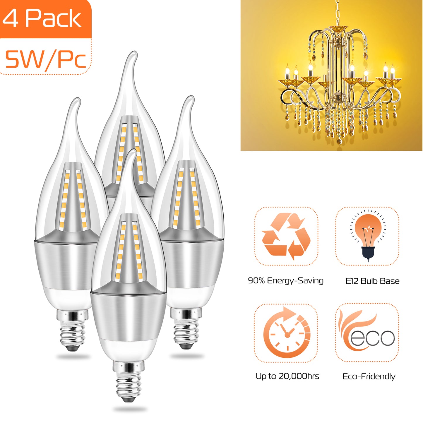 4pcs 5W E12 Candelabra Bulbs 600 LM 50W Equivalent Candle Flame Tip