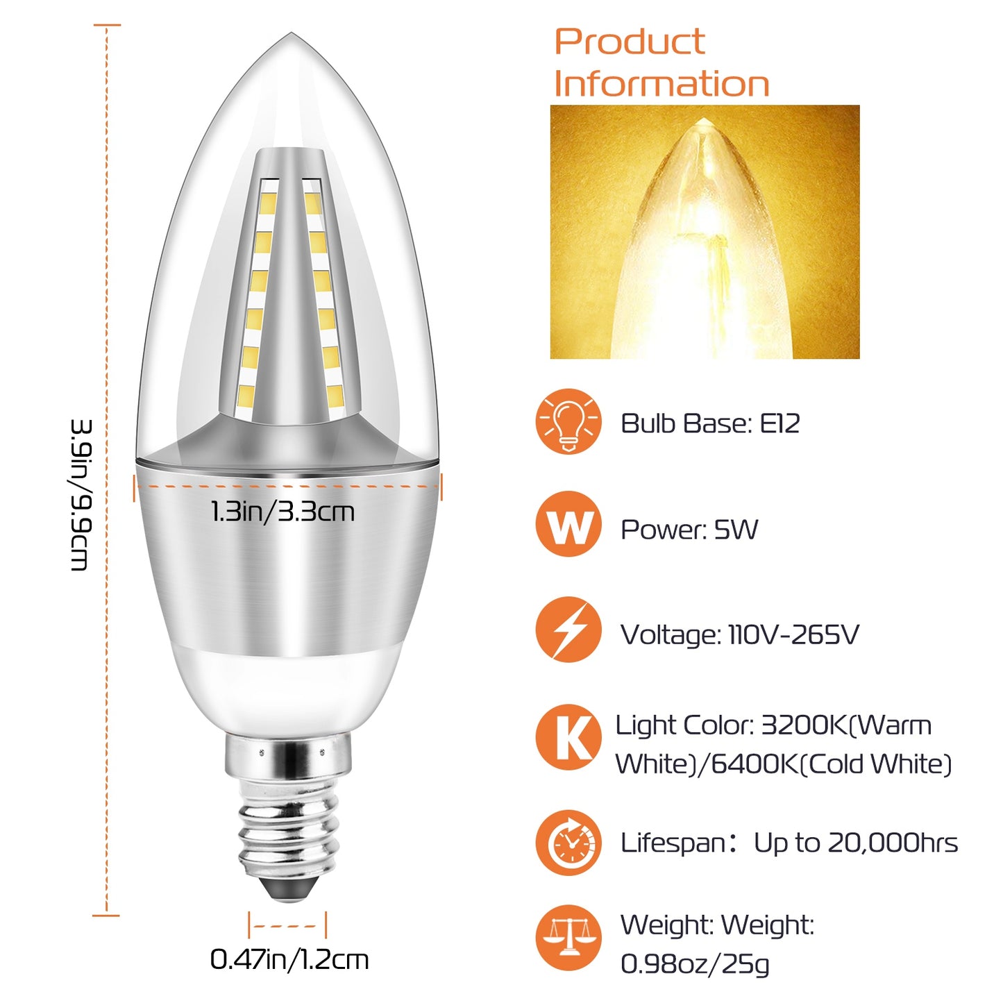 4pcs 5W E12 Candelabra Bulbs 600 LM 50W Equivalent Candle Light