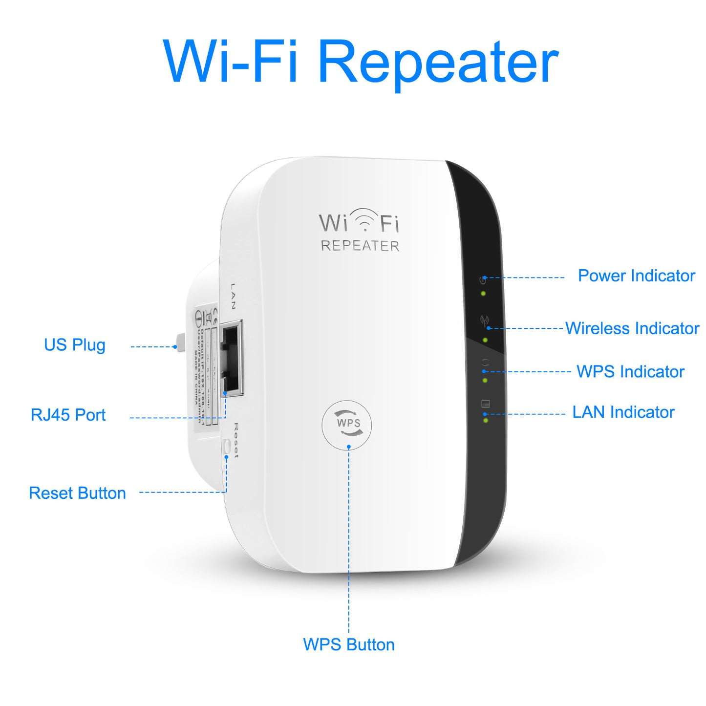 300Mbps WiFi Repeater 32.8ft/10m Wireless Range Extender 2.4GHz WiFi Signal