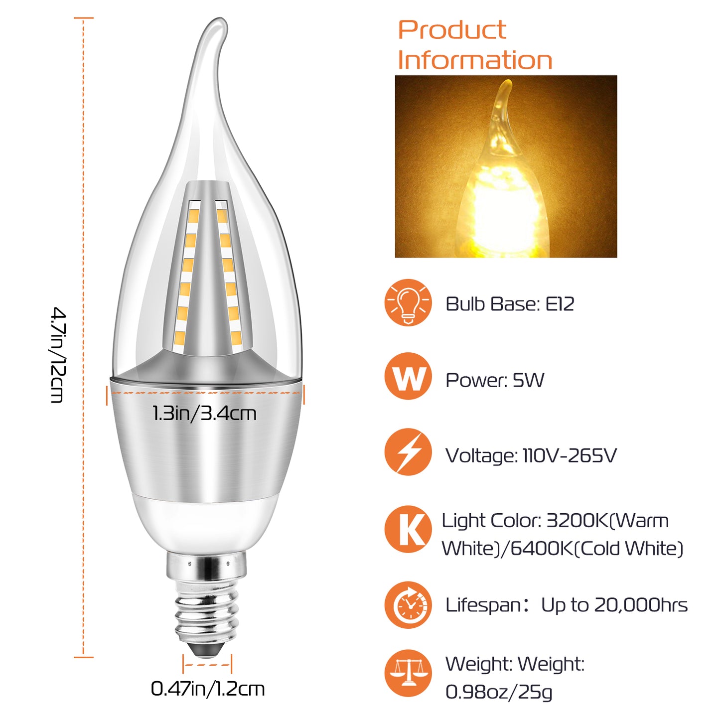 4pcs 5W E12 Candelabra Bulbs 600 LM 50W Equivalent Candle Flame Tip