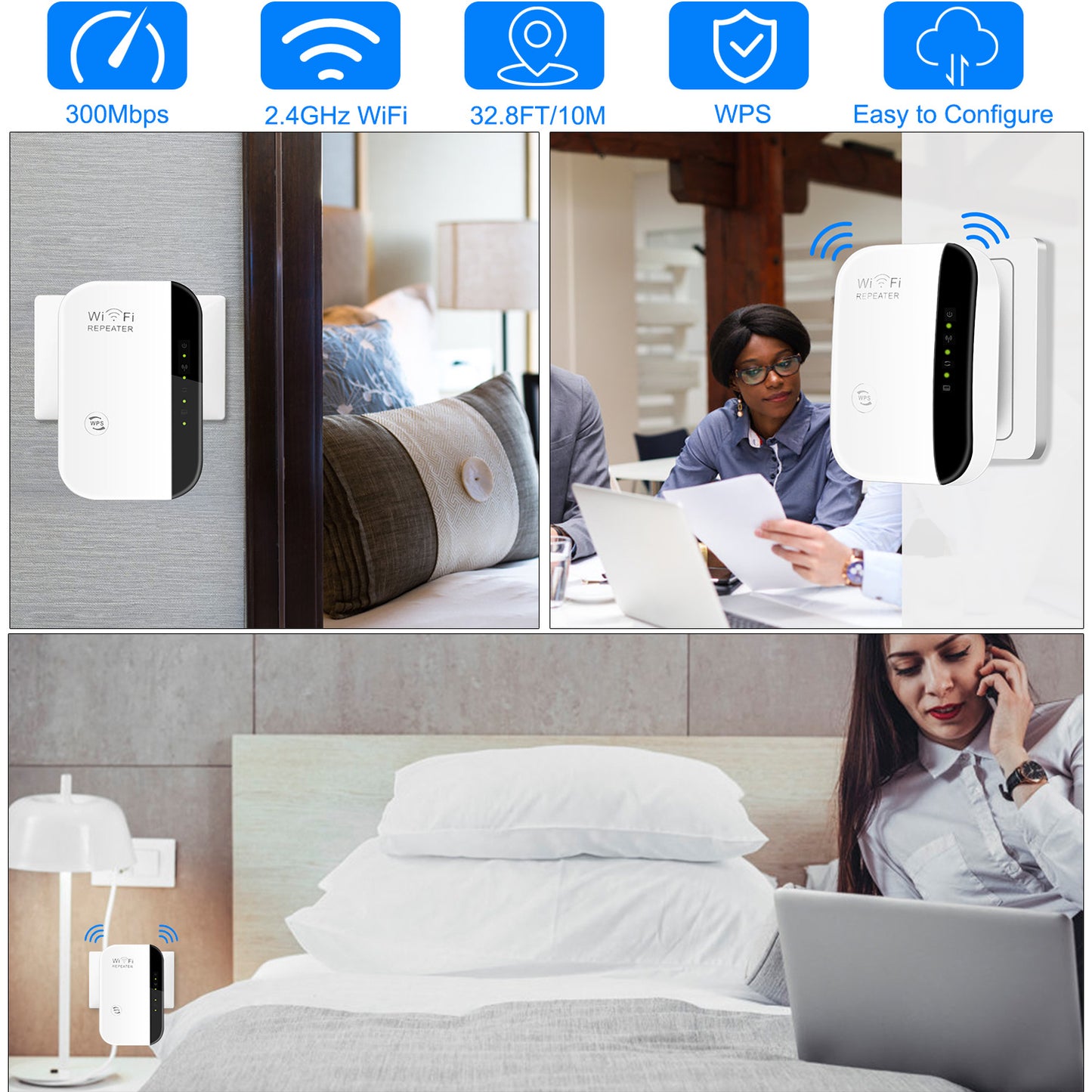 300Mbps WiFi Repeater 32.8ft/10m Wireless Range Extender 2.4GHz WiFi Signal