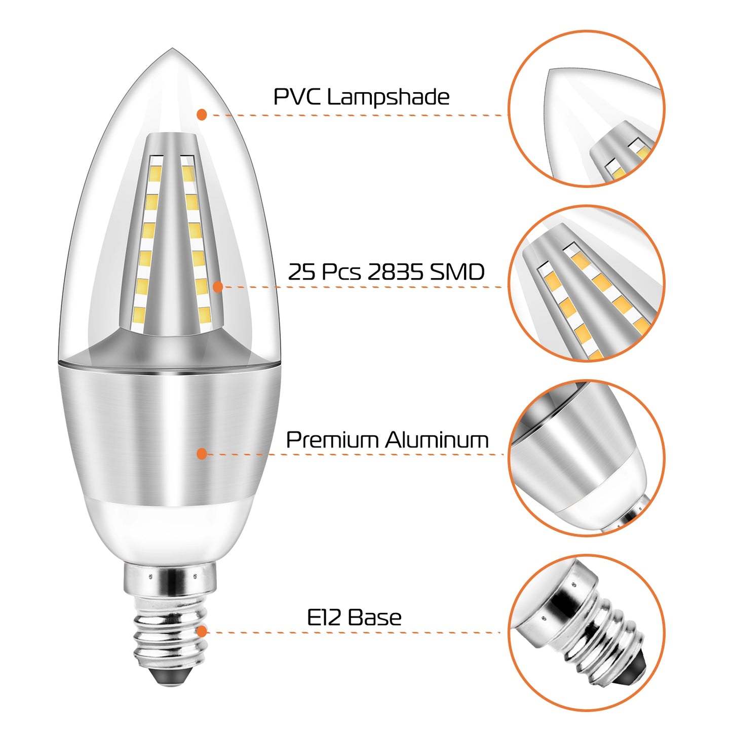 4pcs 5W E12 Candelabra Bulbs 600 LM 50W Equivalent Candle Light