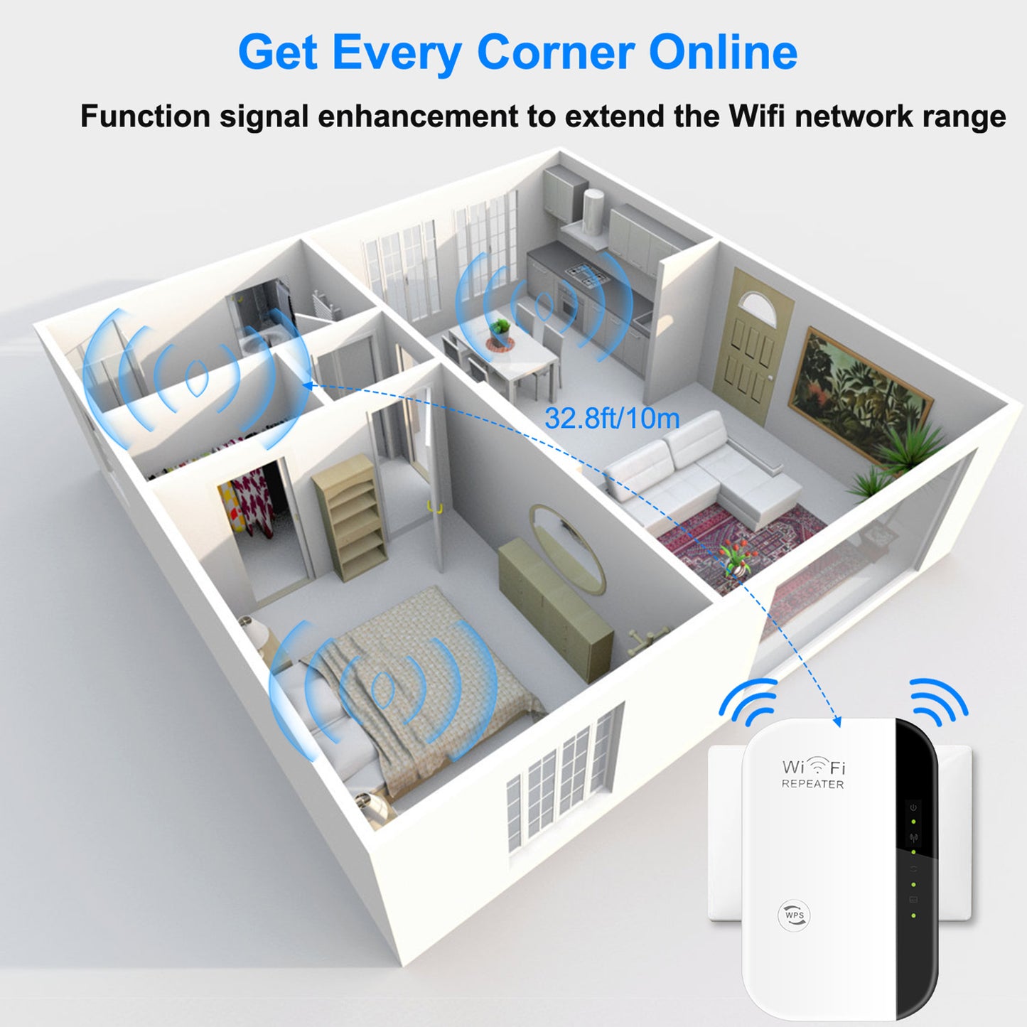 300Mbps WiFi Repeater 32.8ft/10m Wireless Range Extender 2.4GHz WiFi Signal