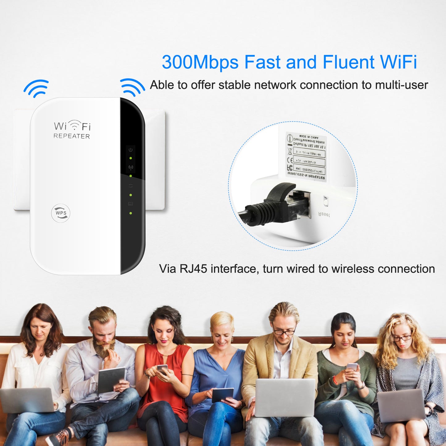 300Mbps WiFi Repeater 32.8ft/10m Wireless Range Extender 2.4GHz WiFi Signal