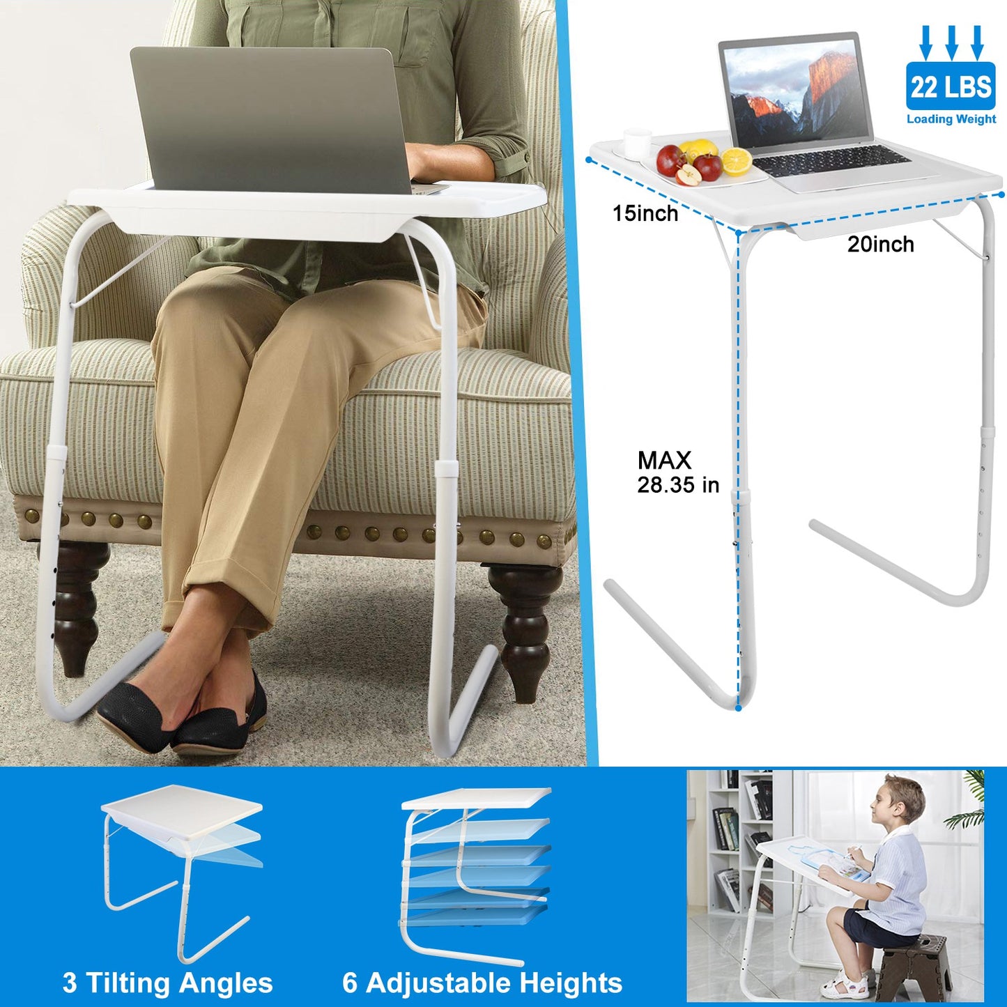 Foldable Tray Table Portable Sofa TV Tray 6 Heights 3 Angles Laptop Desk