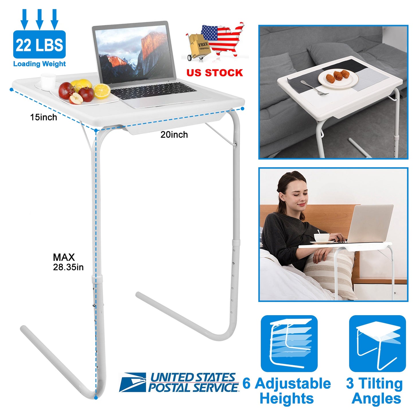 Foldable Tray Table Portable Sofa TV Tray 6 Heights 3 Angles Laptop Desk