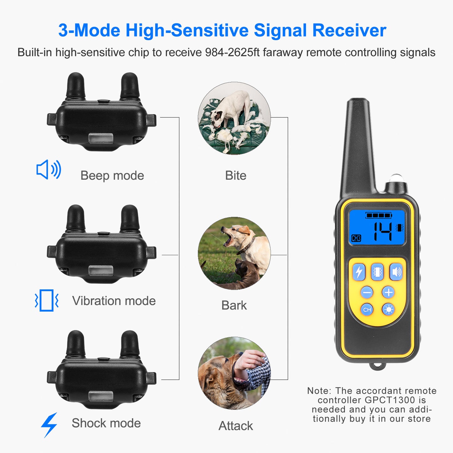 Dog Training Collar Receiver IP67 Waterproof Dog Bark Shock Collar[GPCT1300Receive Only]