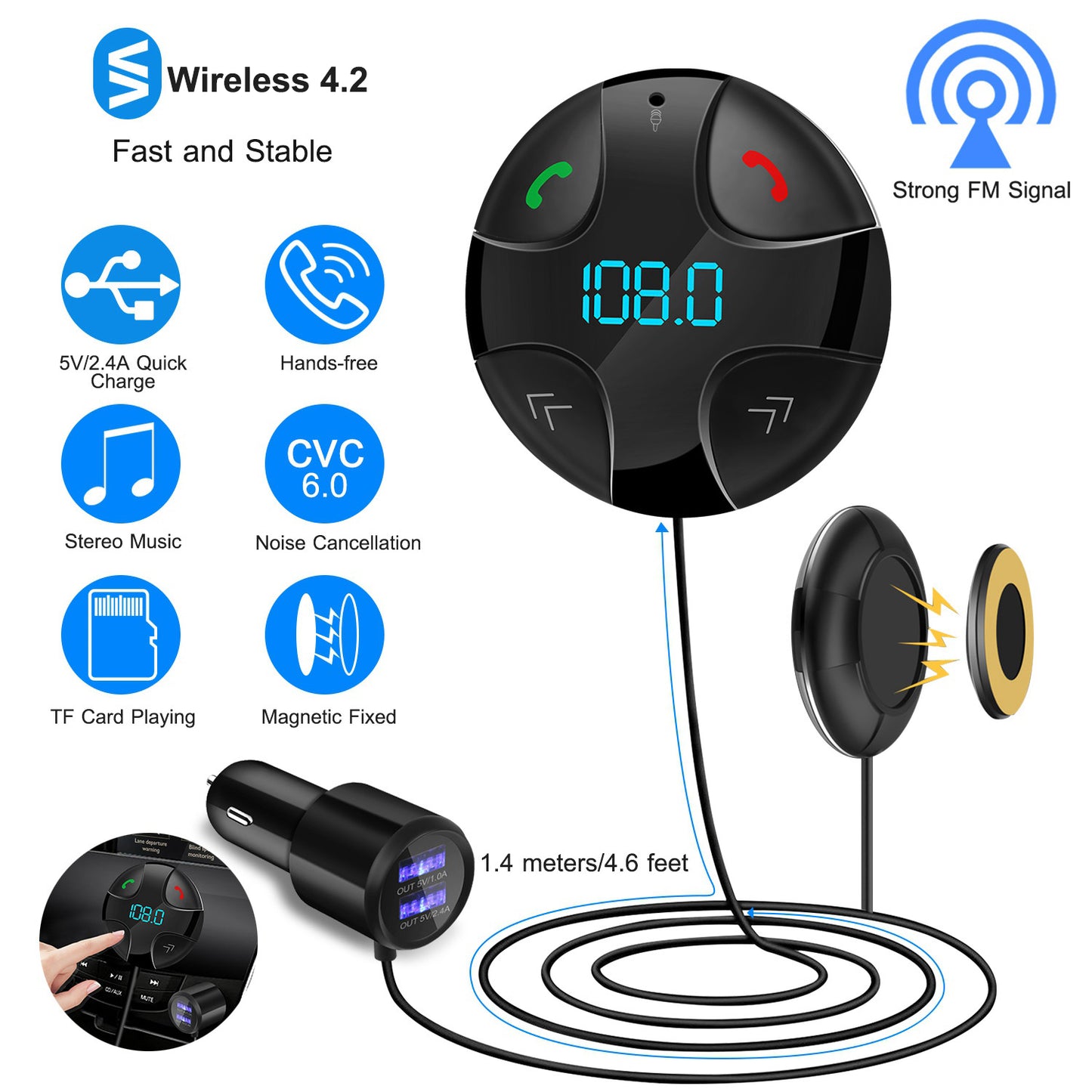 Car Wireless FM Transmitter V4.2 Car MP3 Player 3.4A Dual USB Charge